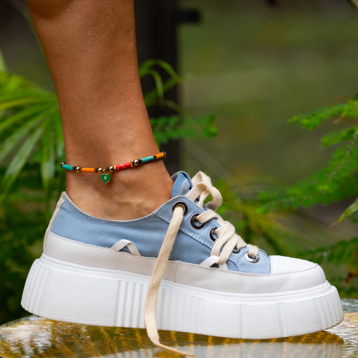 Handmade gold anklet featuring 18K gold-plated heart and jasper stones.