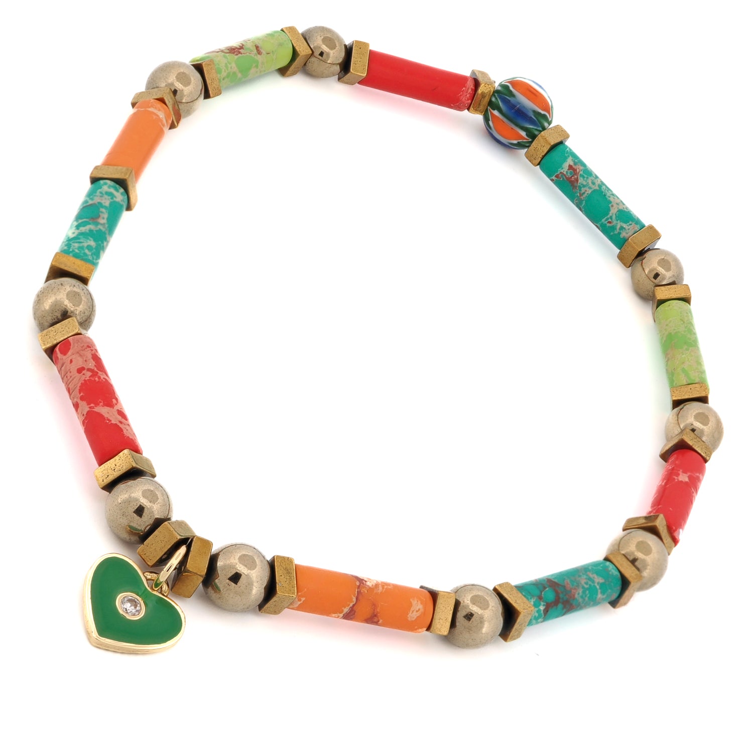 Playful summer anklet with vibrant jasper beads and gold hematite accents.