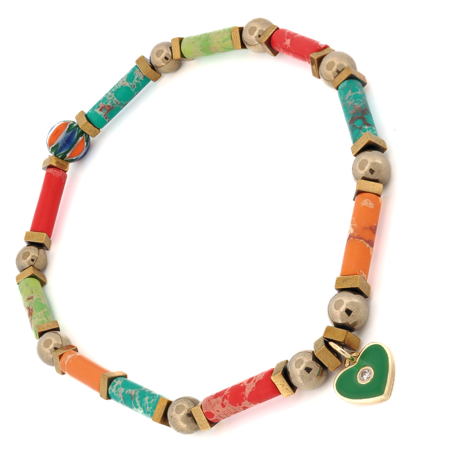 Vibrant jasper anklet with gold spacers and symbolic heart centerpiece.