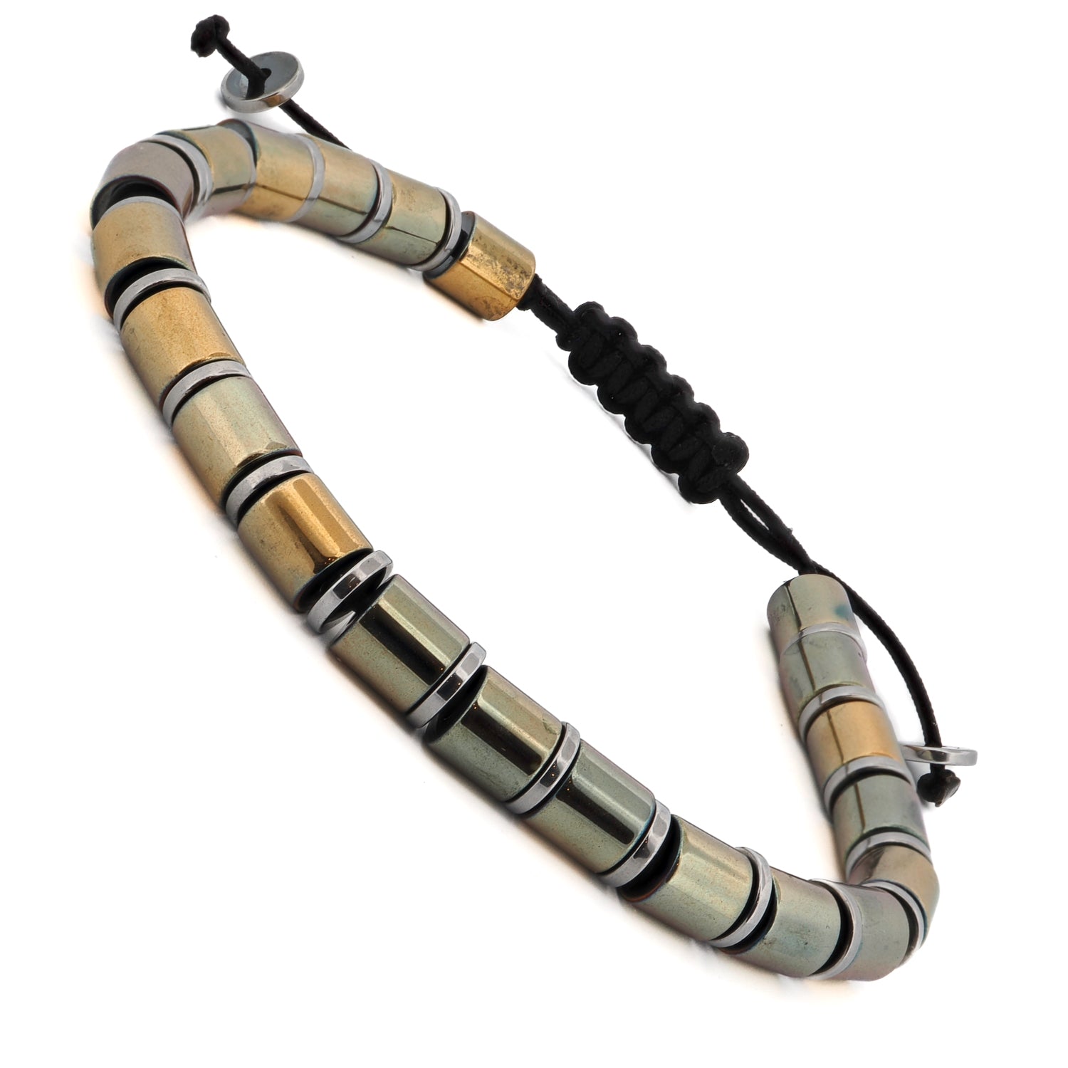 Close-up of a hematite stone bracelet with gold-tone beads, promoting balance and grounding energy.