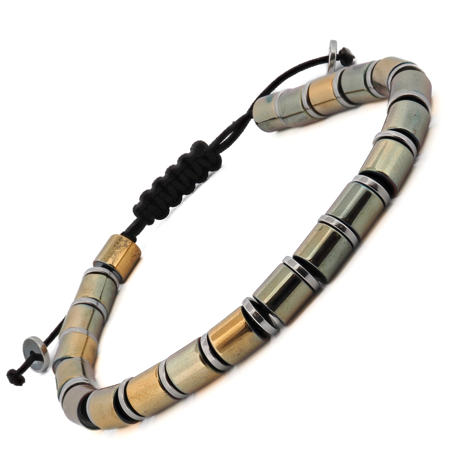 Adjustable Positive Energy Hematite bracelet featuring gold-tone beads woven into black jewelry rope.