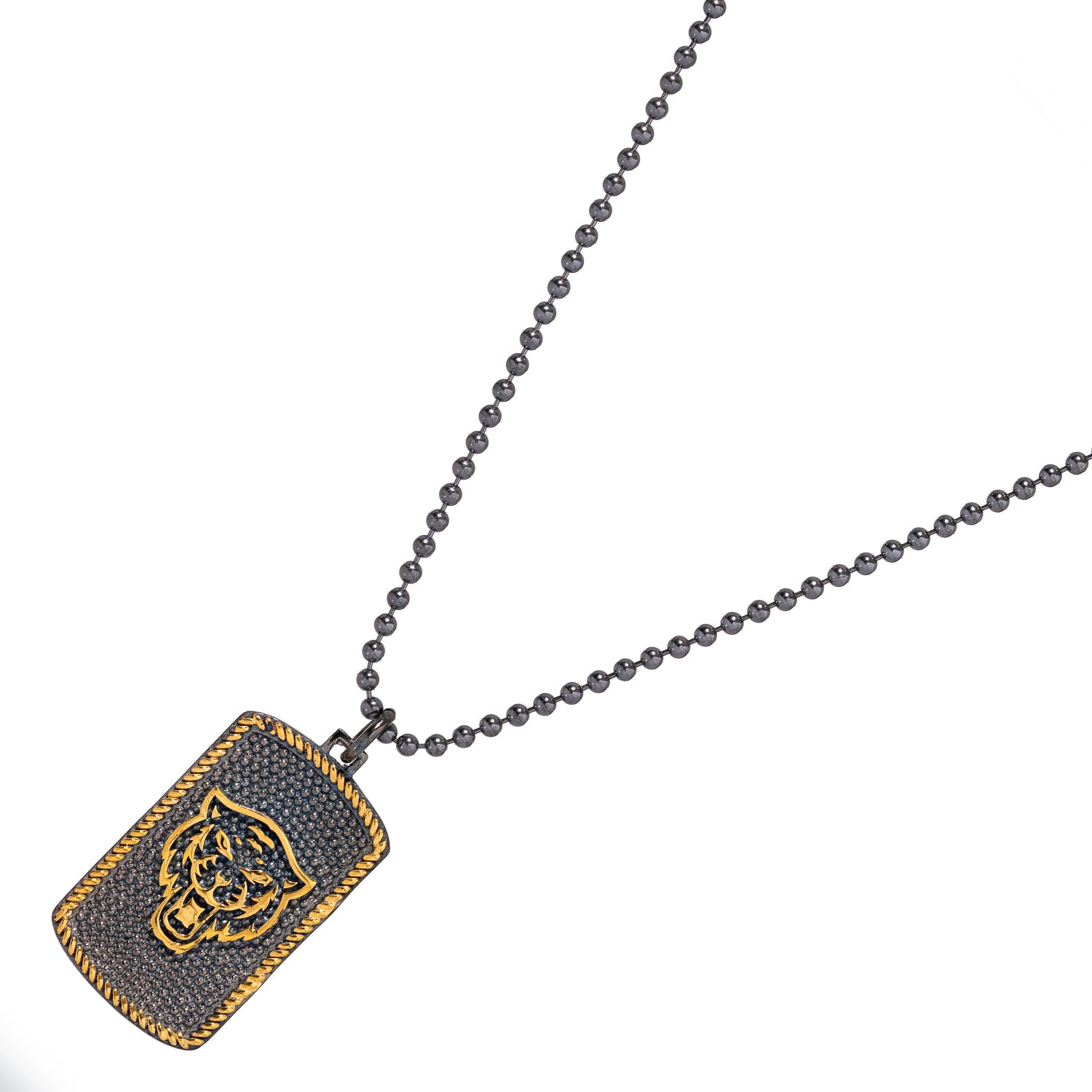 Striking lion medallion necklace for men with 24K gold plated detailing.