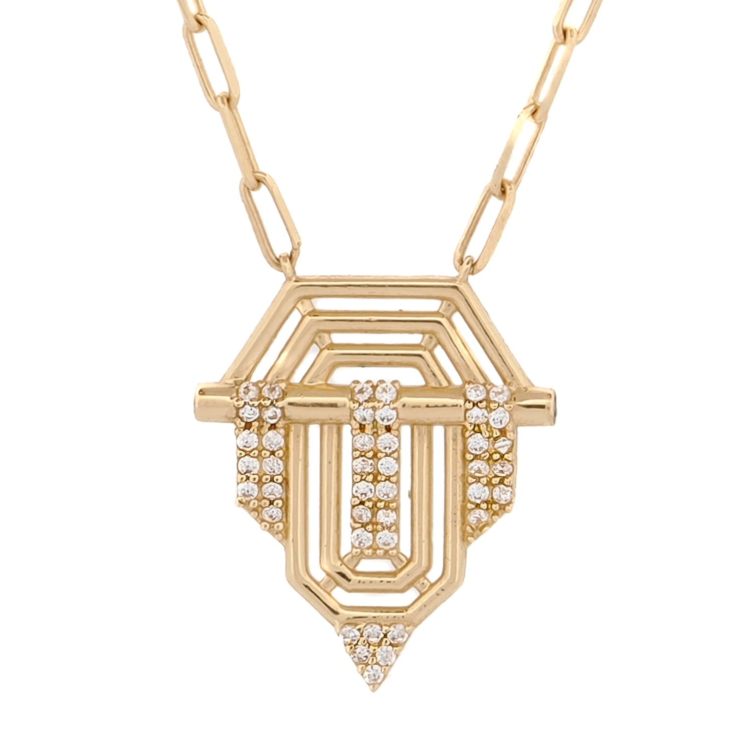 Elegant round gold pendant necklace with zirconia accents