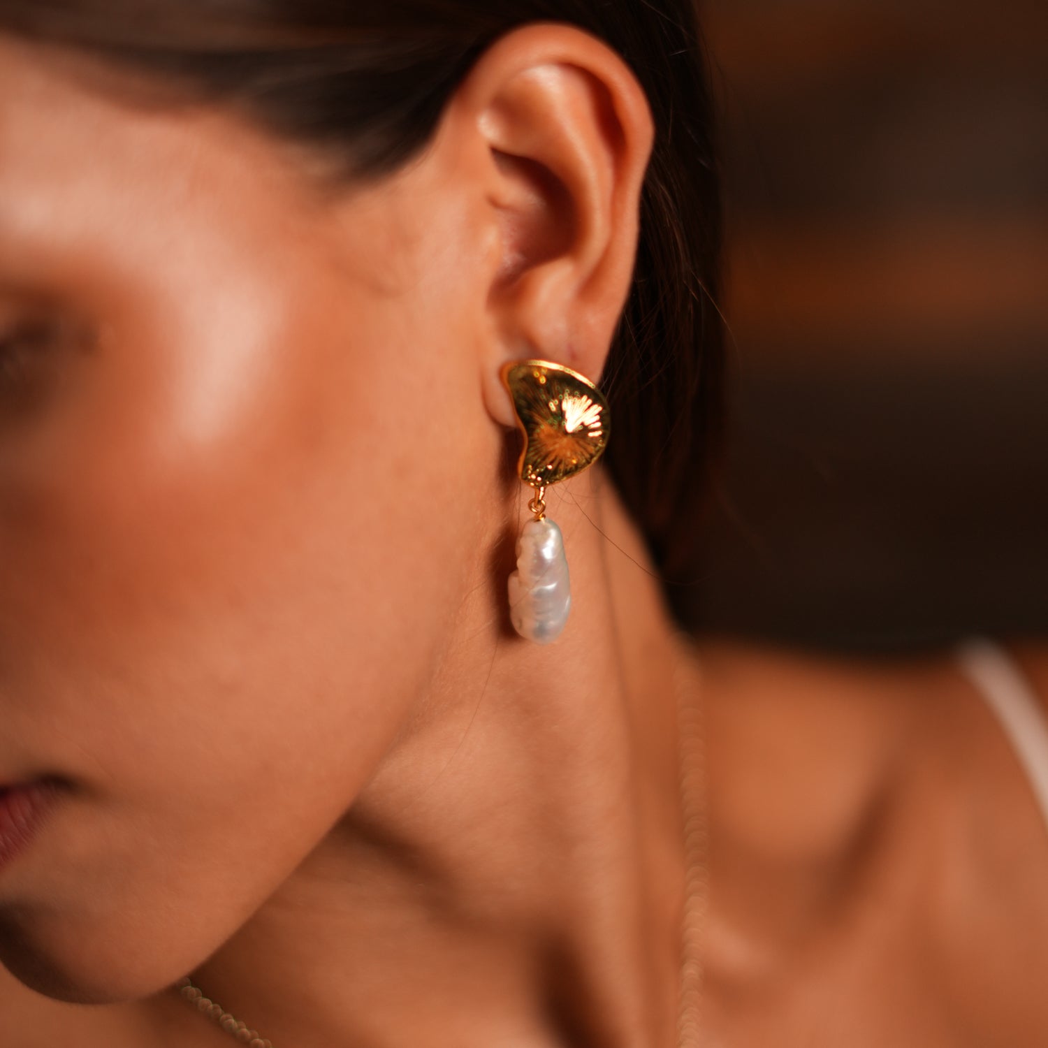 Handcrafted Sea Shell Stud Earrings with Baroque Pearl Drop for Symbolic Beauty