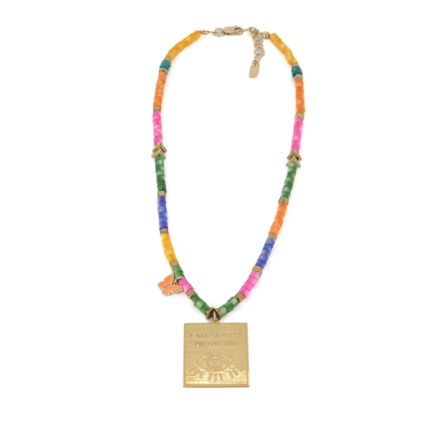 Protected Spirit Rainbow necklace with gold accents, multicolored gemstone beads, and a central eye-shaped charm for vibrant symbolic style.
