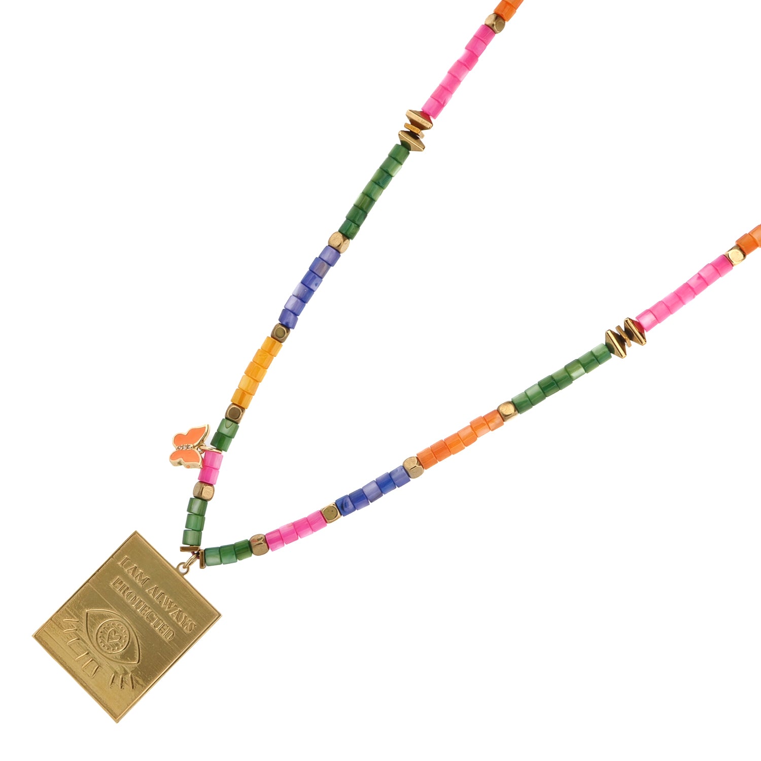 Protected Spirit Rainbow necklace with multicolored gemstone beads, gold accents, and eye-shaped charm for a vibrant, protective style.