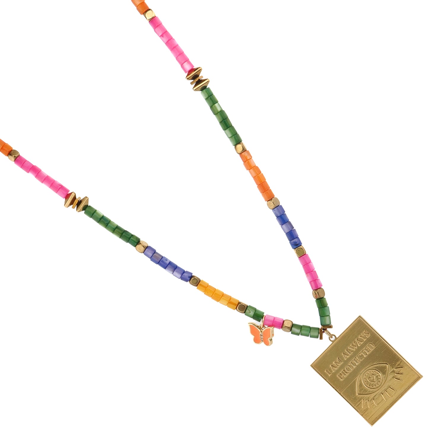 Protected Spirit Rainbow necklace featuring gold chain, multicolored gemstone beads, and a central eye charm for a vibrant, meaningful look.