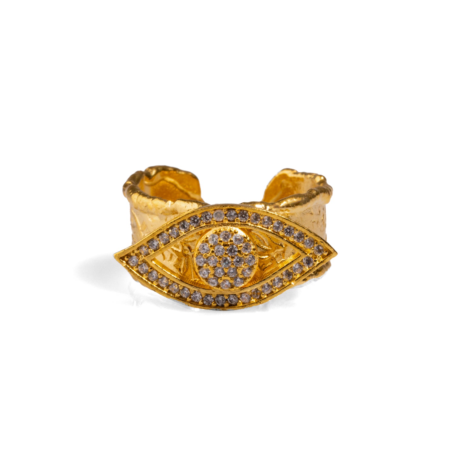 Gold Evil Eye Ring with CZ Diamonds for Protection and Luxury, Adjustable Band for Comfort