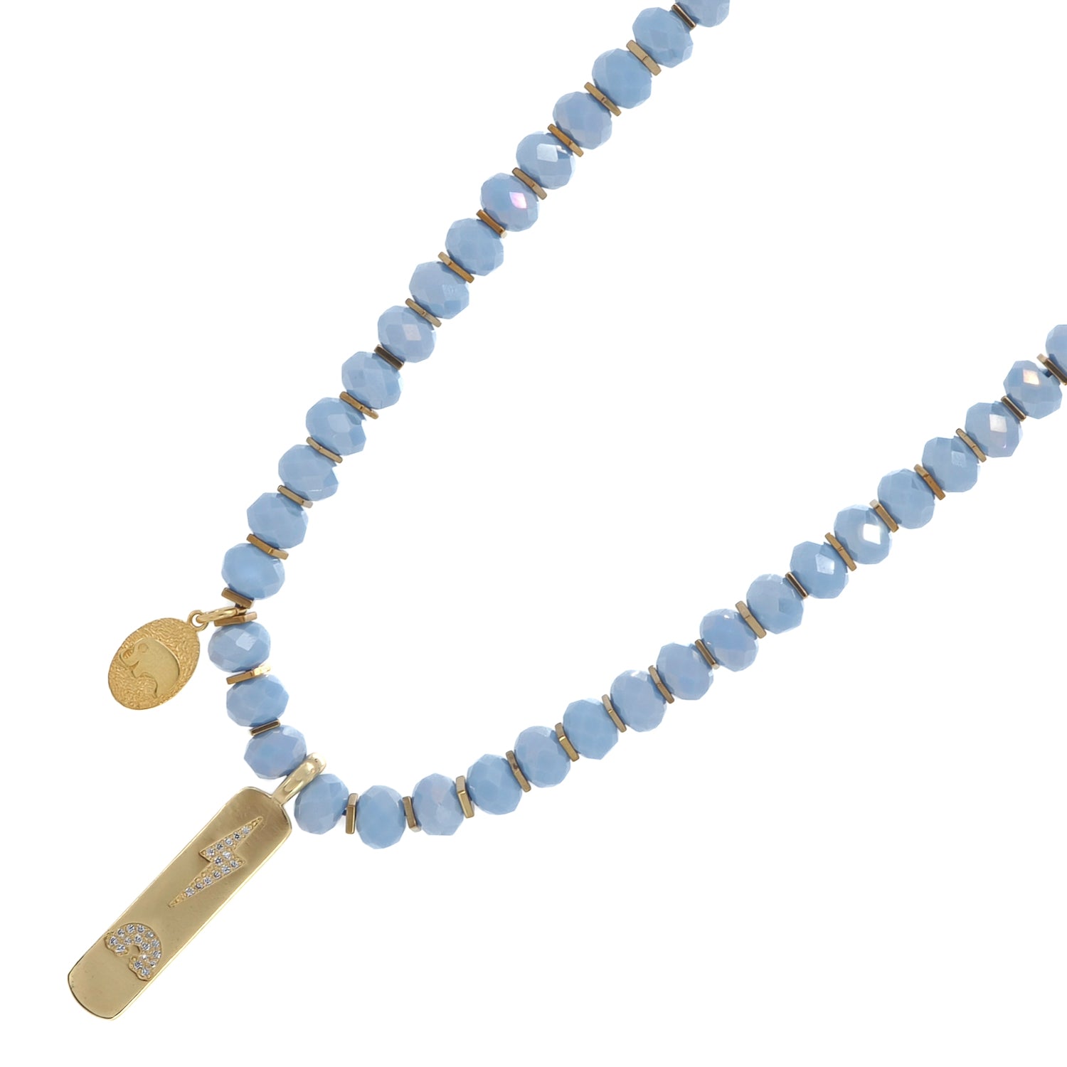 Blue crystal necklace combining elegance with spiritual symbolism and strength.