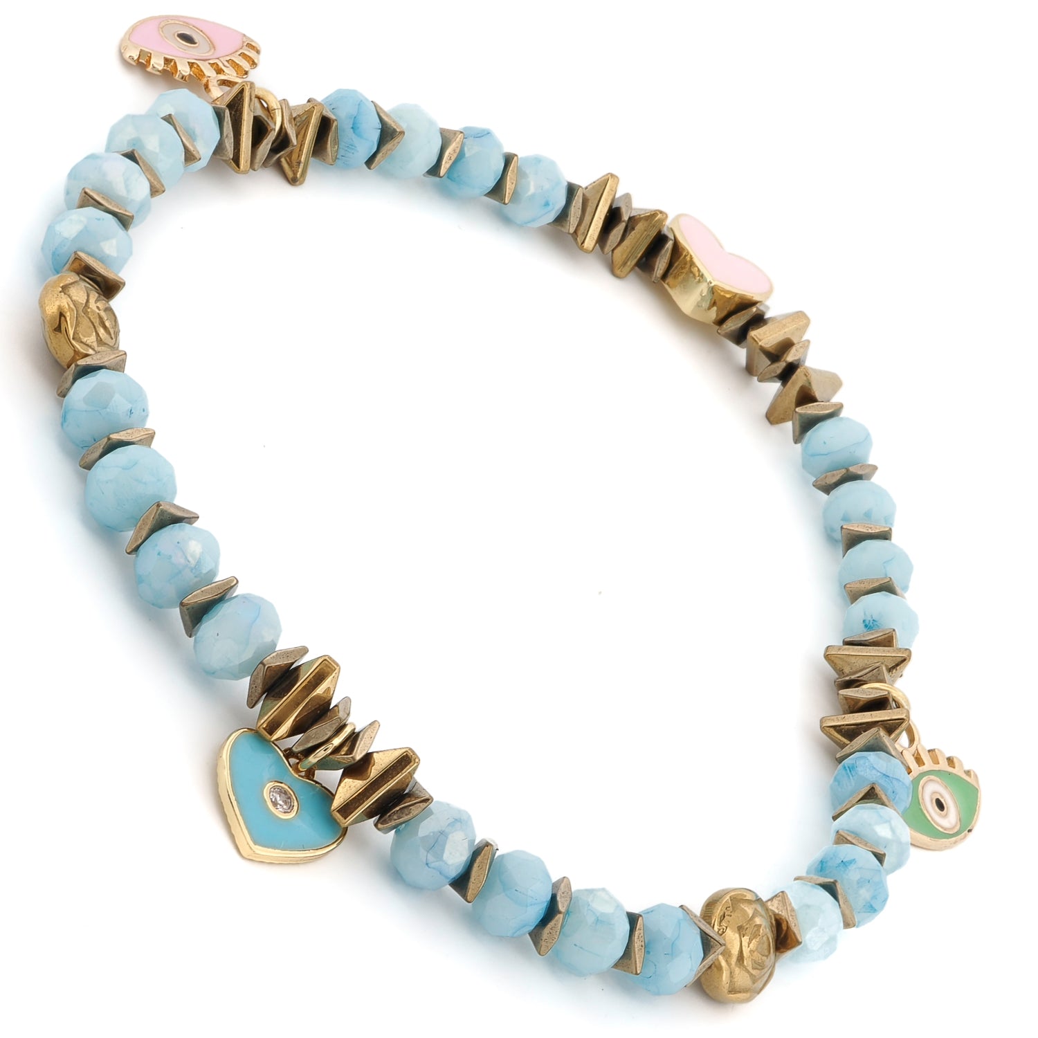 18K gold-plated enamel evil eye and heart charm anklet on stretchy cord.