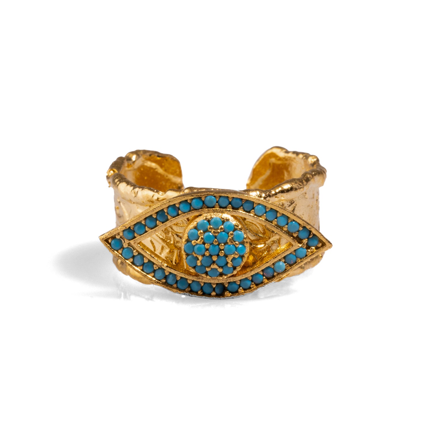 Bold Turquoise Evil Eye Design Ring with 24K Gold-Plated Brass for Protection and Fashion