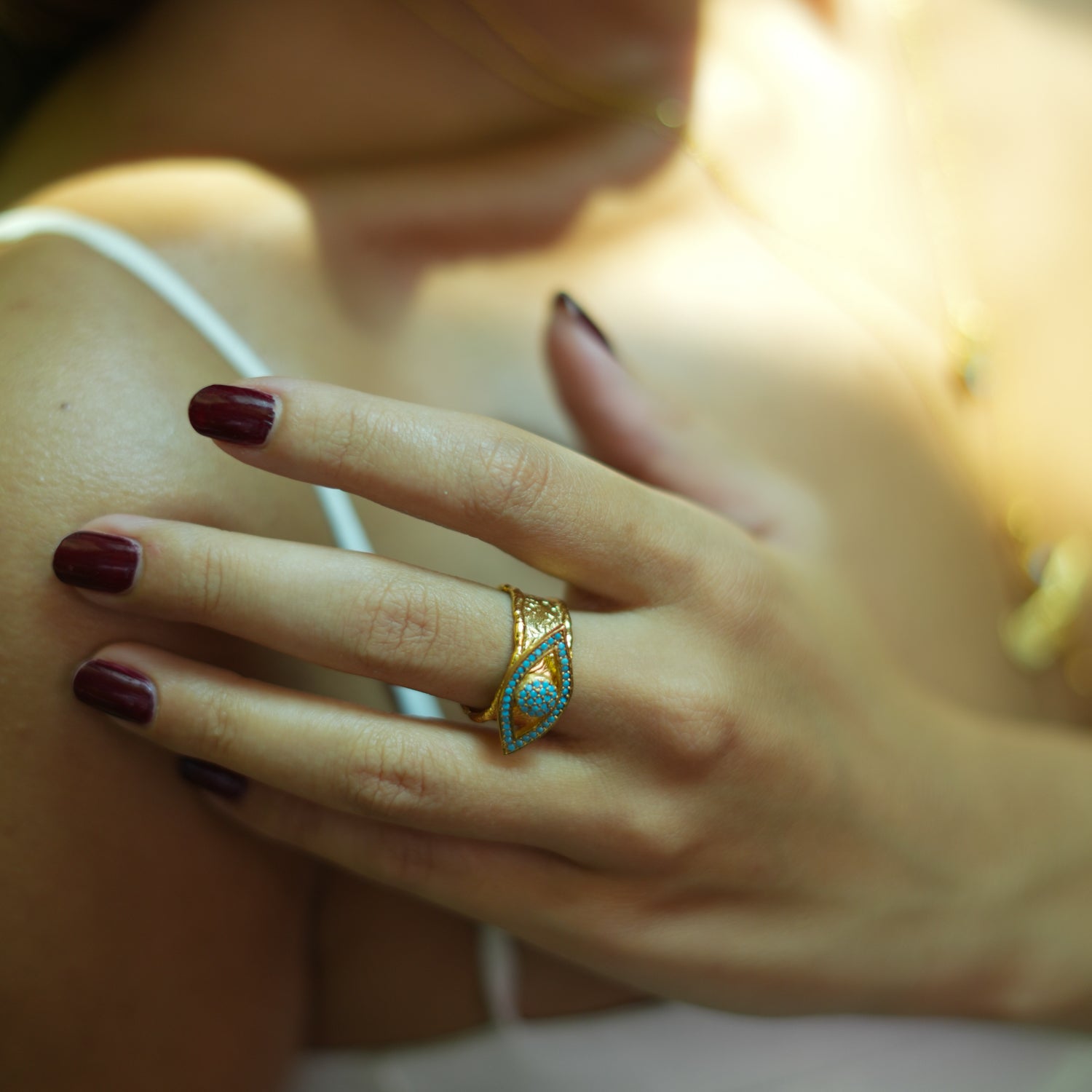 Turquoise Evil Eye Statement Ring with Adjustable Gold Band for Protection and Bold Fashion