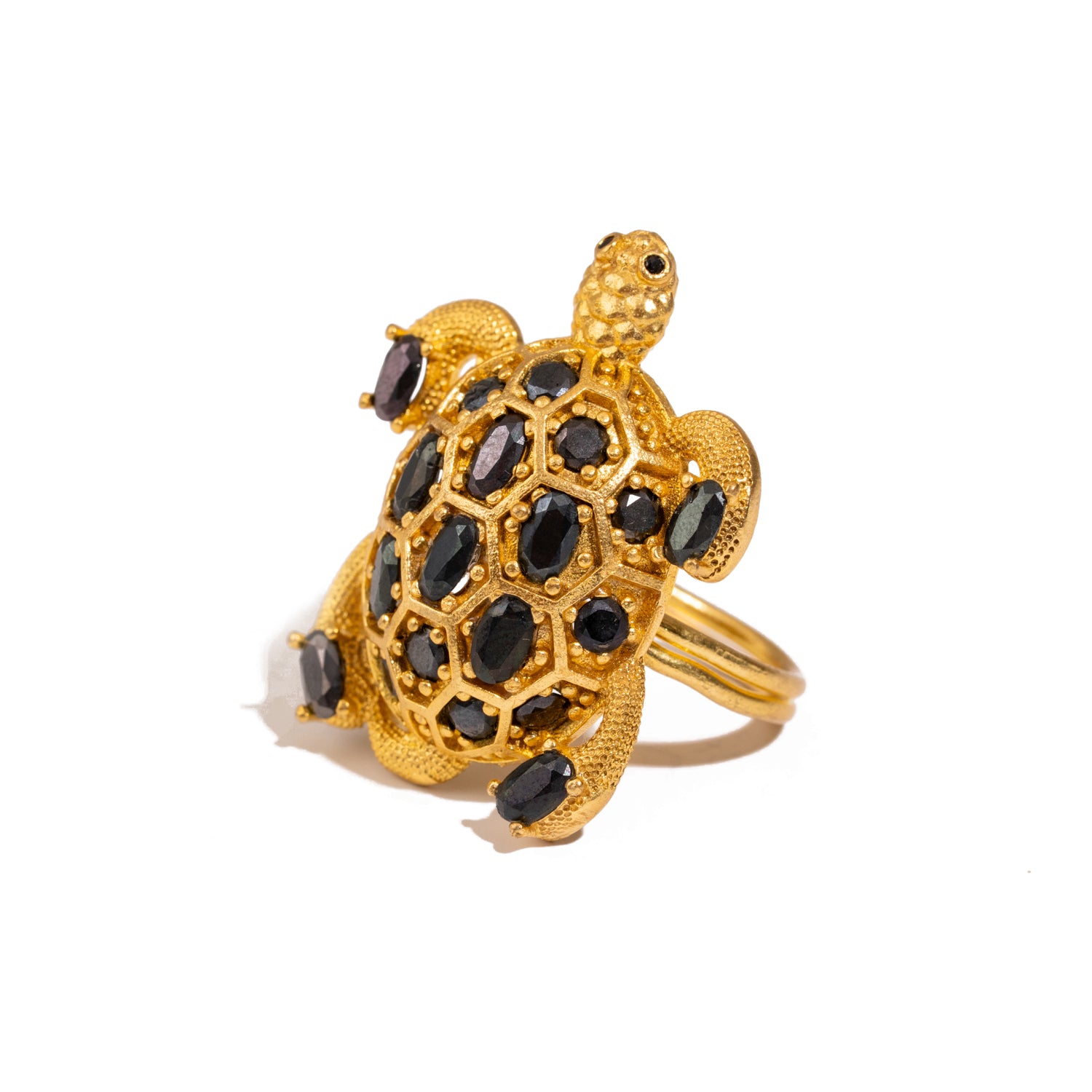 Protective Turtle Black Onyx & Gold Chunky Adjustable Ring