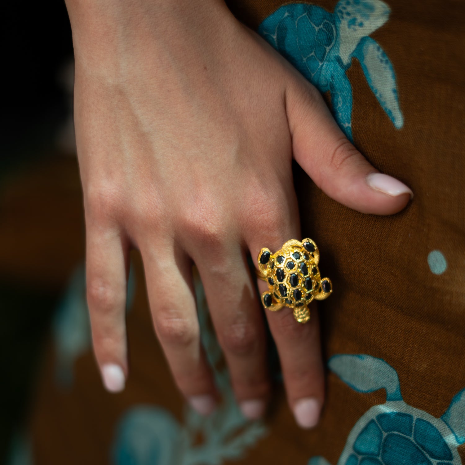 Protective Turtle Black Onyx & Gold Chunky Adjustable Ring