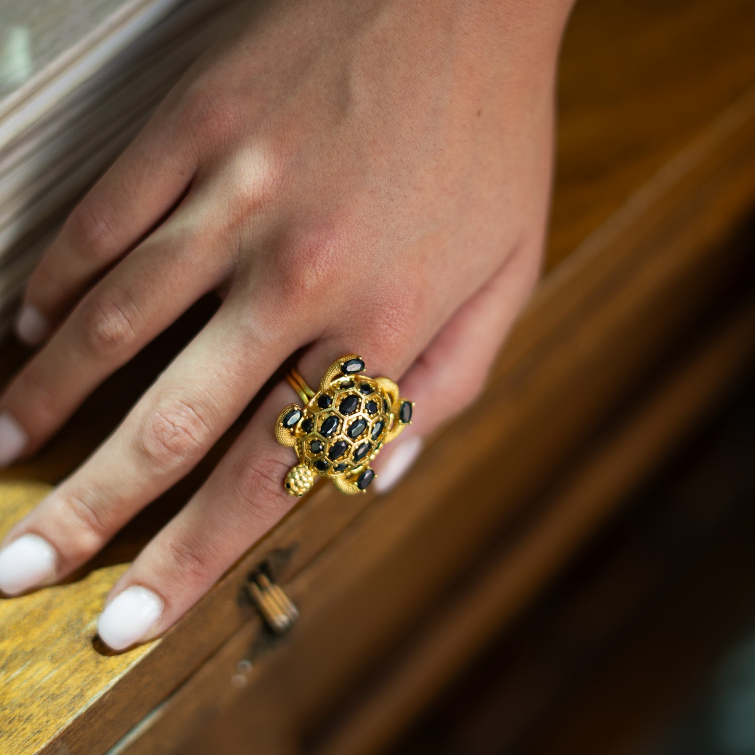 Protective Turtle Black Onyx & Gold Chunky Adjustable Ring
