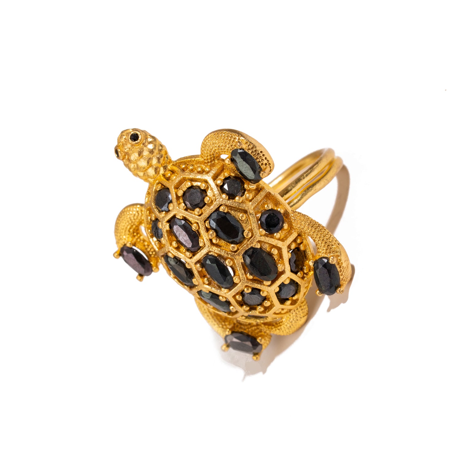 Protective Turtle Black Onyx & Gold Chunky Adjustable Ring