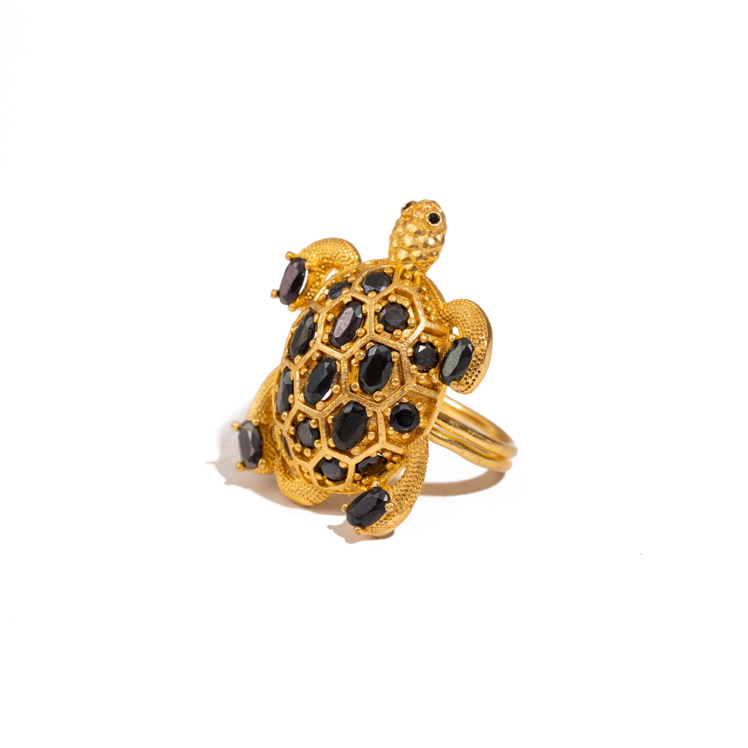 Protective Turtle Black Onyx & Gold Chunky Adjustable Ring