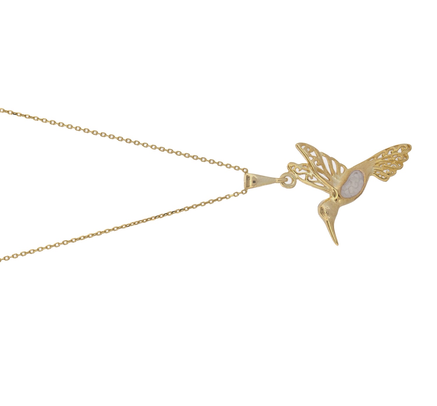 Hummingbird pendant in 18k gold vermeil with white enamel details, suspended from a delicate 18-inch chain, minimalist style
