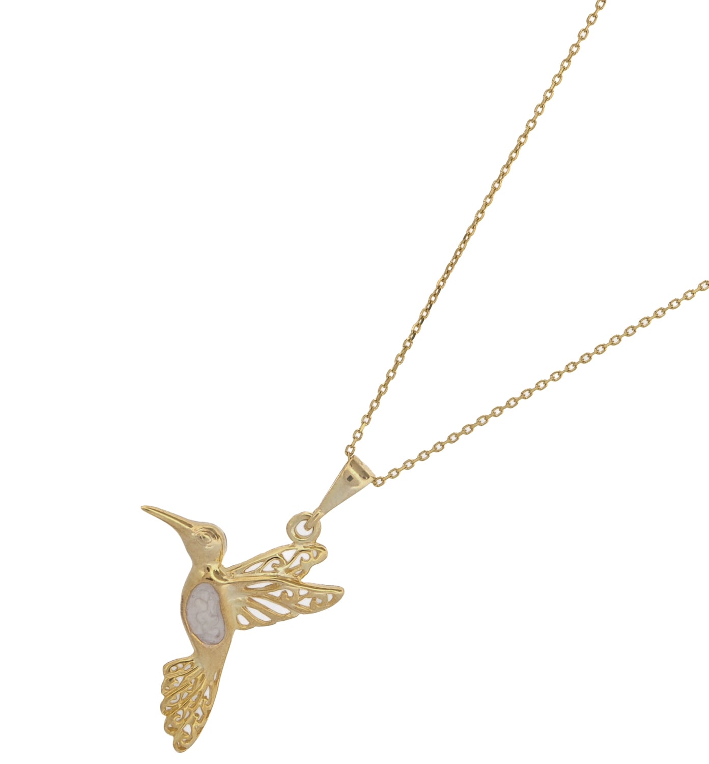 Hummingbird necklace in 18k gold vermeil, detailed with white enamel accents, on a delicate 18-inch chain, minimalist elegant style