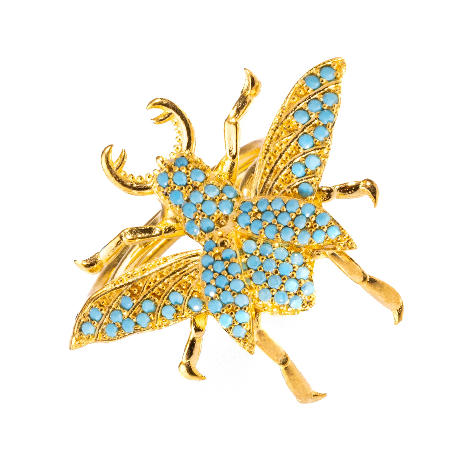 Regal Queen Bee Ring with Turquoise Stones and 24k Gold Plating, Adjustable Size