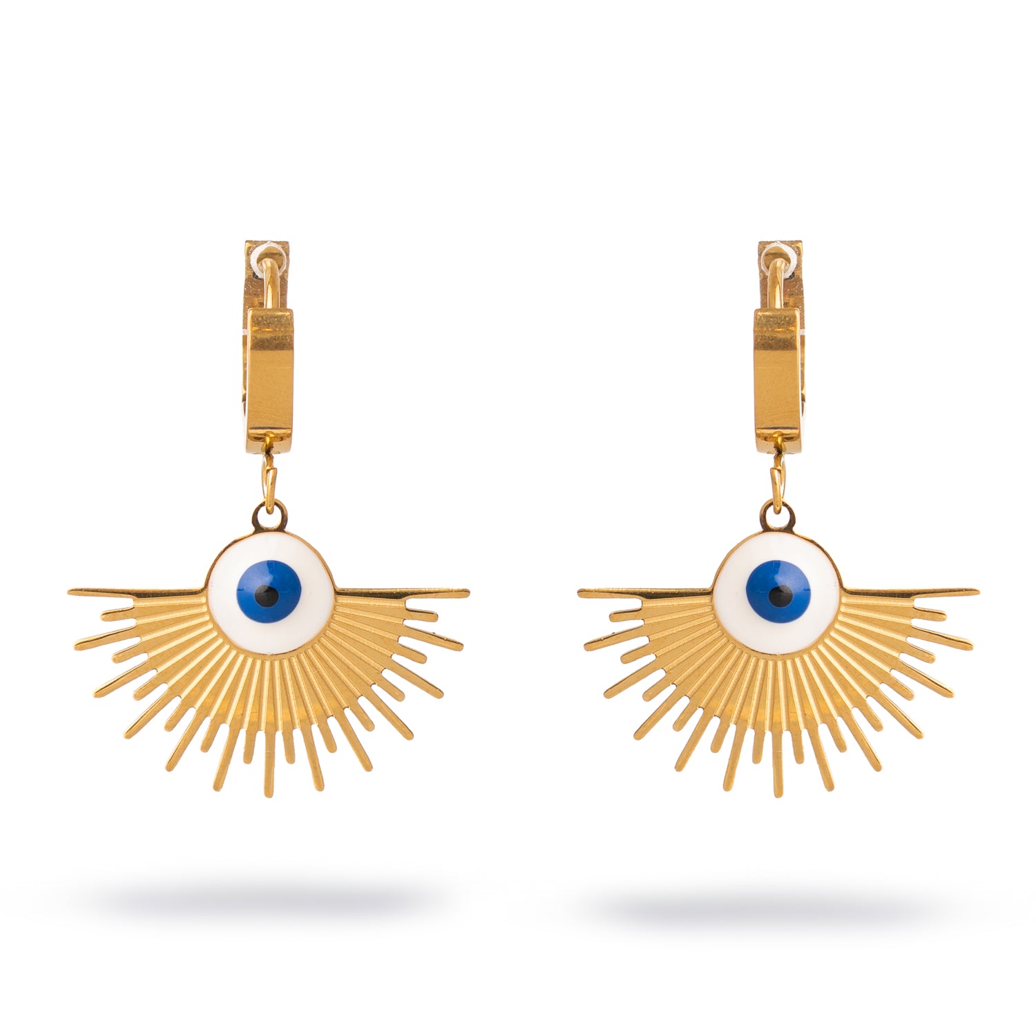 Protective charm earrings in gold with blue and white eye center