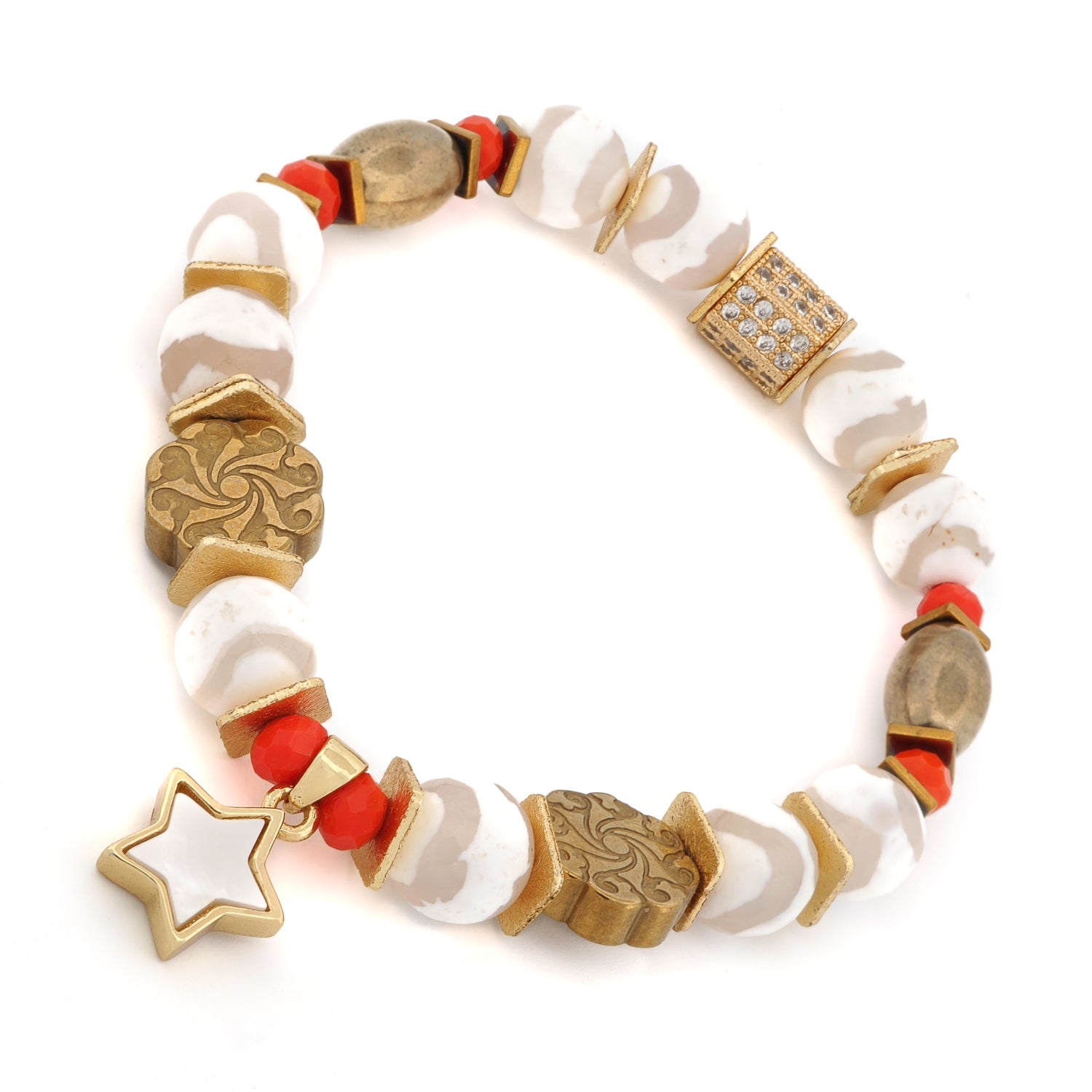 Close-up of gold and agate bead bracelet with sparkling zircon and enamel star centerpiece