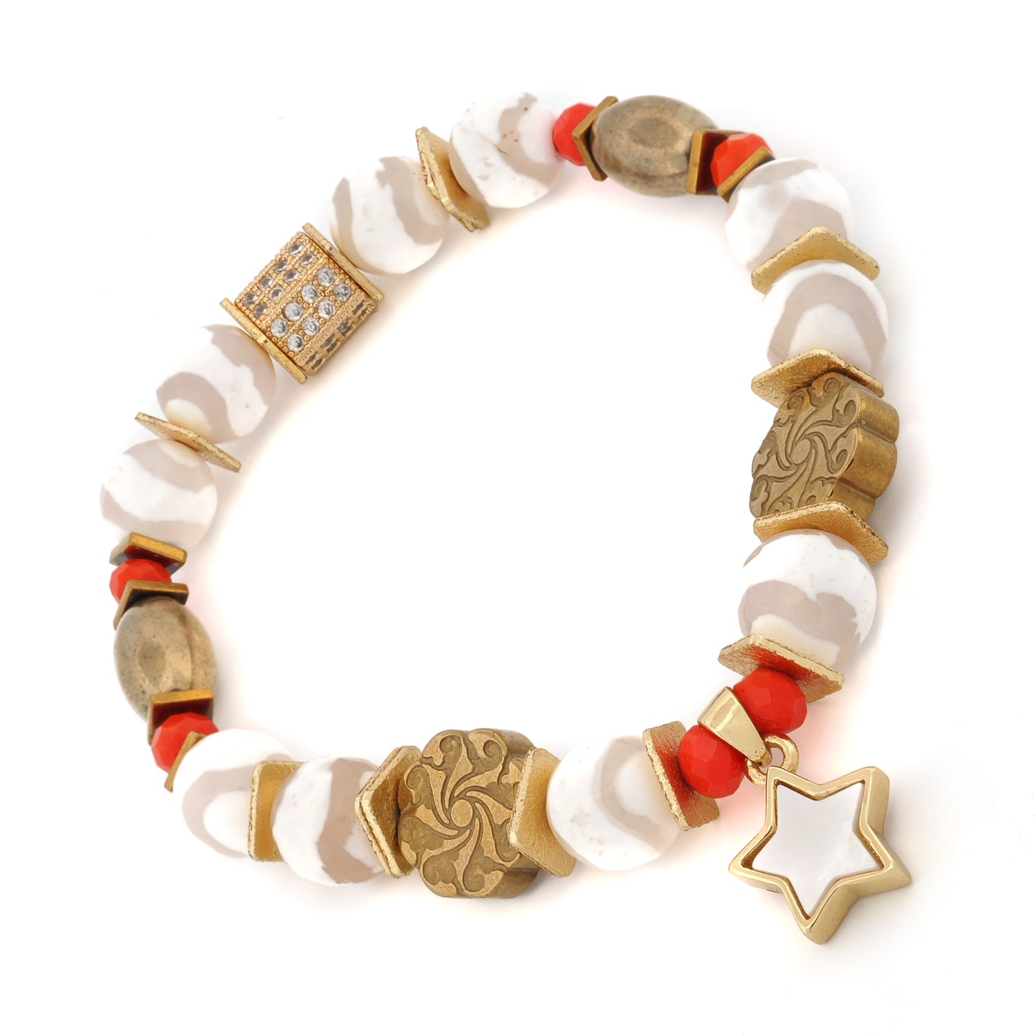Wrist view of Radiant Harmony bracelet with enamel charm and layered textures