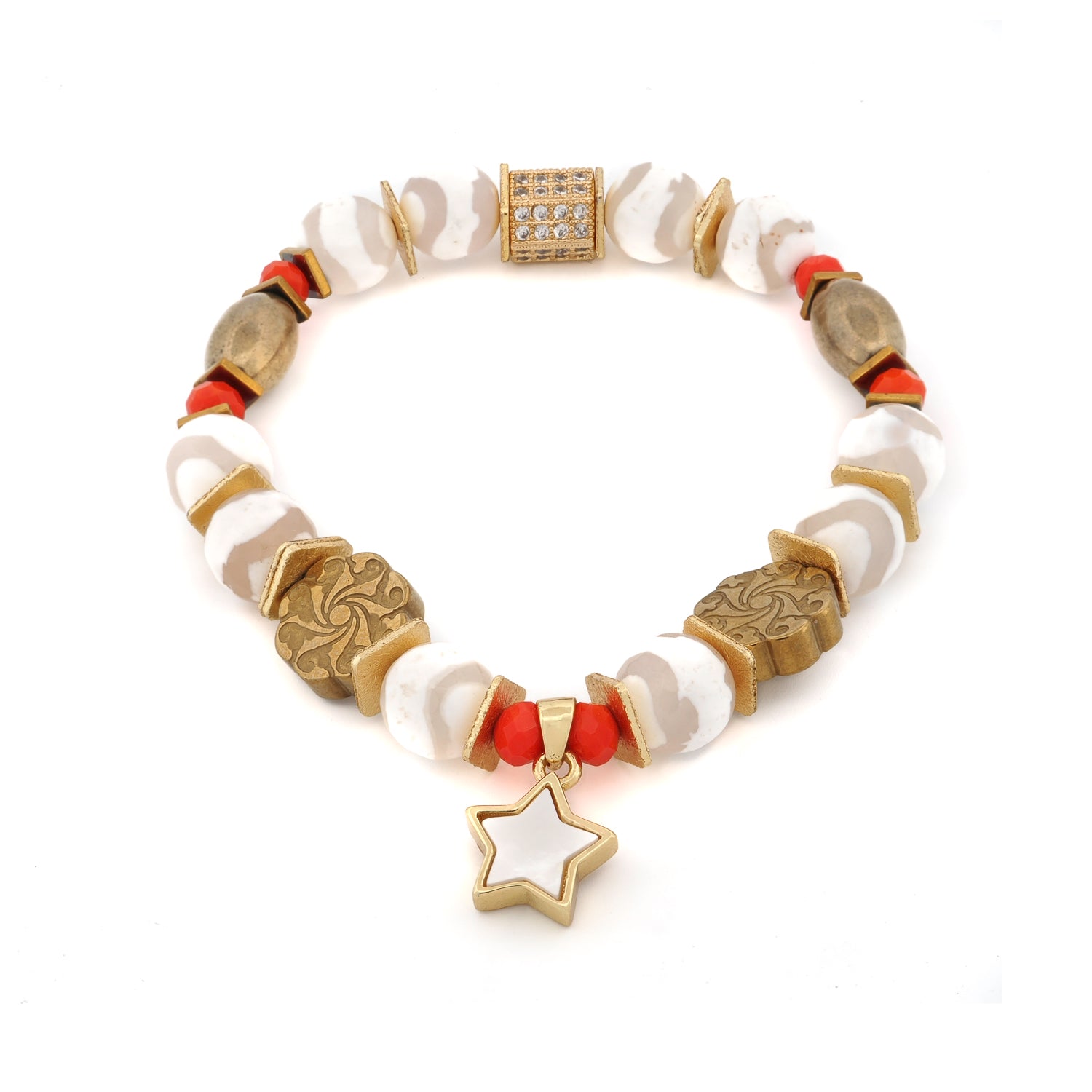 Radiant Harmony star beaded bracelet with Tibetan agate and orange crystal beads on white background