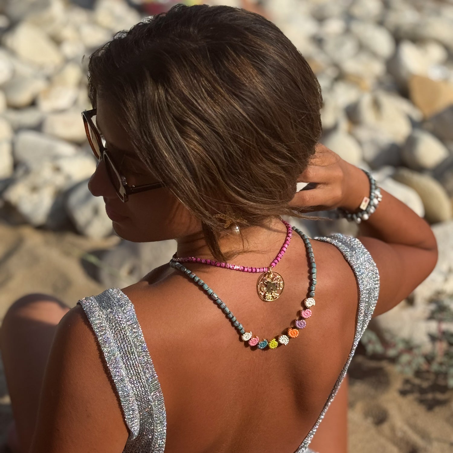 Rainbow Aura Seashell Evil Eye Handmade Necklace