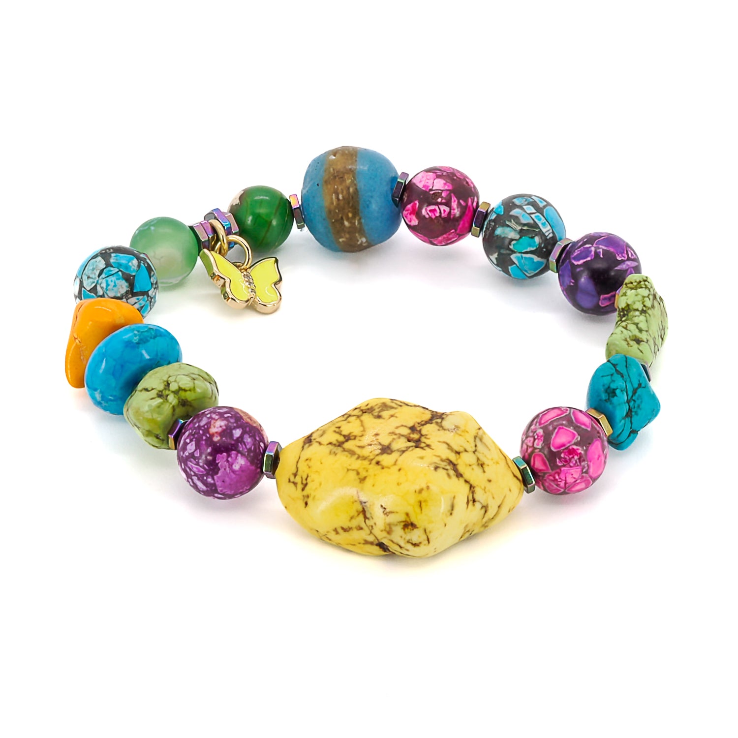 Embrace the beauty and transformation of the Rainbow Butterfly Bracelet, a stunning accessory crafted with turquoise stones and an 18K gold-plated butterfly charm.