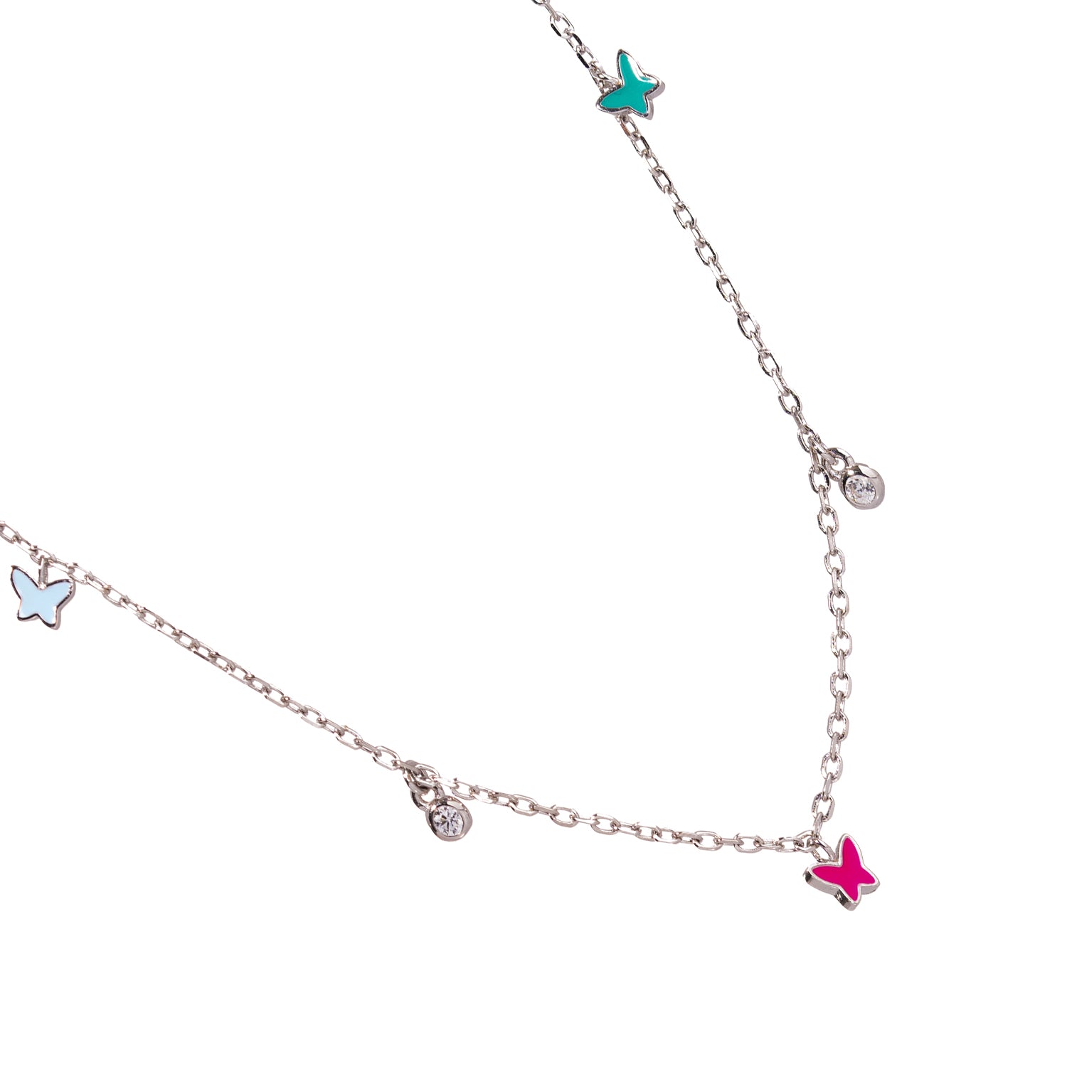 925 Sterling Silver Necklace with Multicolor Butterflies and Diamond Detailing for a Sparkling, Whimsical Look