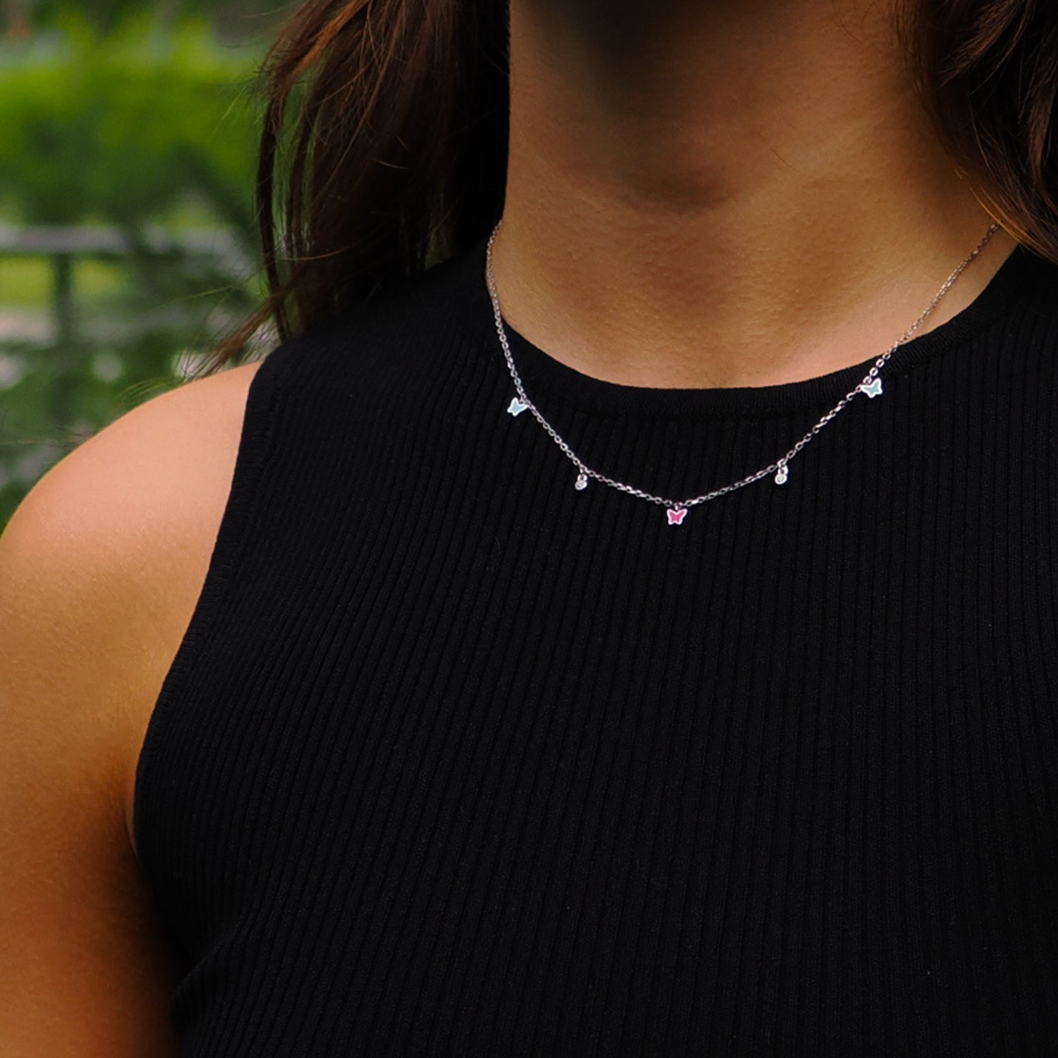 Rainbow Butterfly Necklace in Sterling Silver with CZ Diamonds for Playful Sparkle and Timeless Style