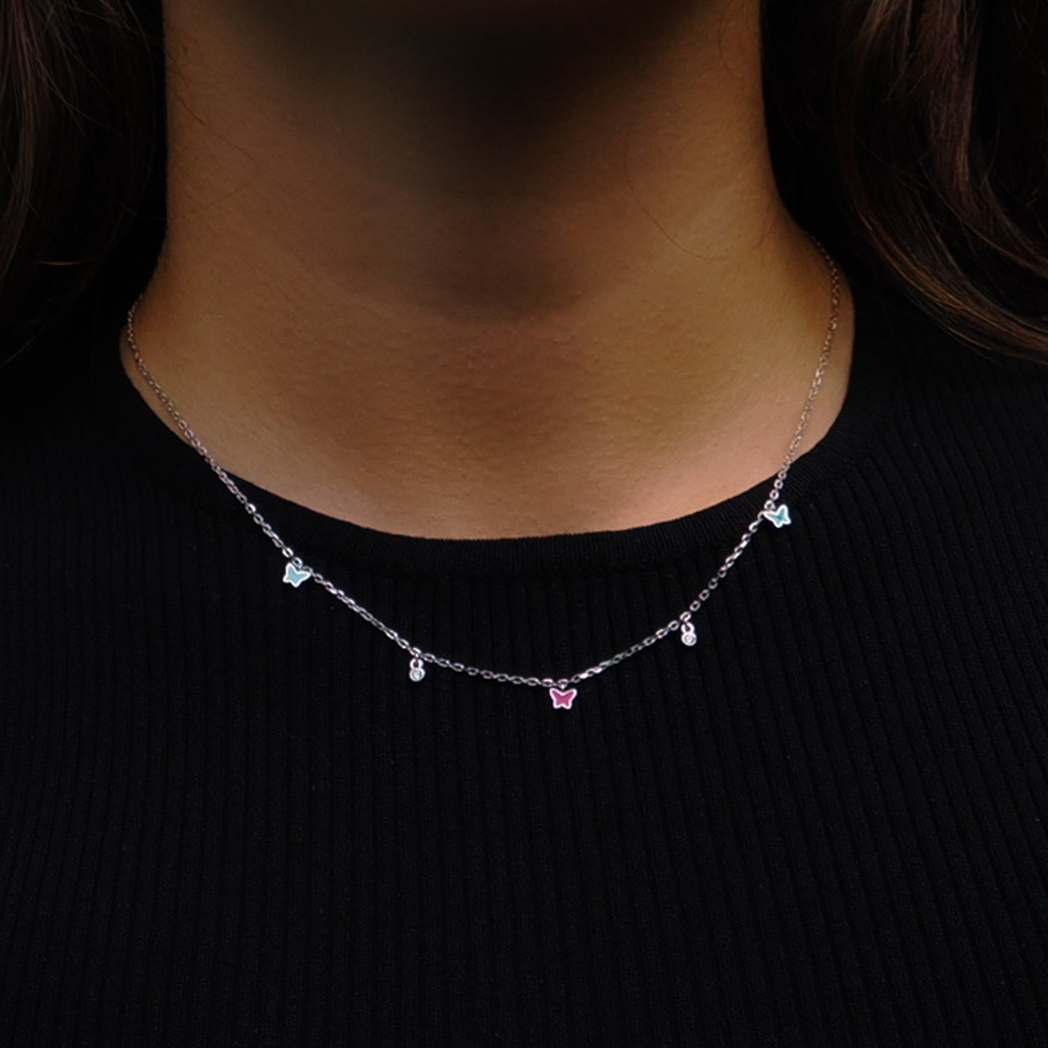 Sterling Silver Choker Necklace with Multicolor Butterflies and Diamond Accents for a Playful and Elegant Vibe