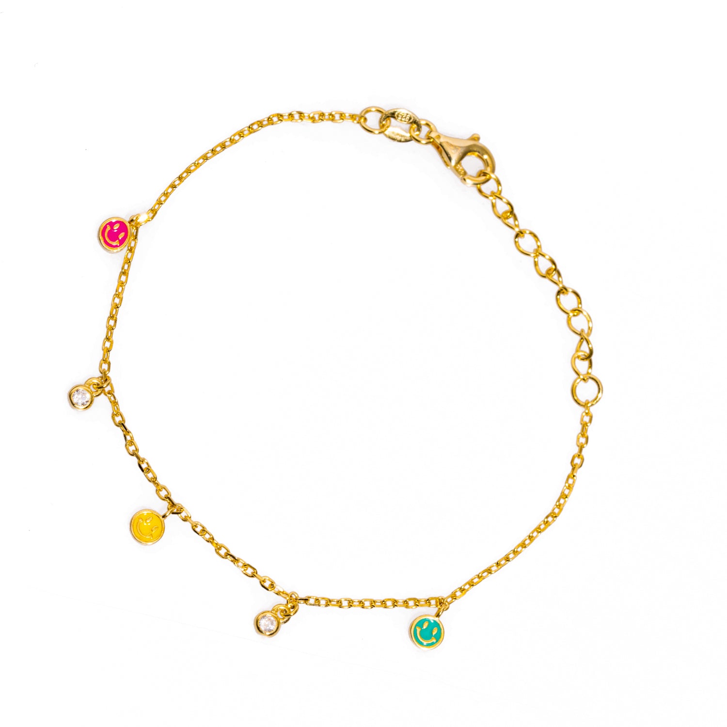 Handmade 18K Gold-Plated Sterling Silver Bracelet with Multicolor Smiley Faces and CZ Diamonds