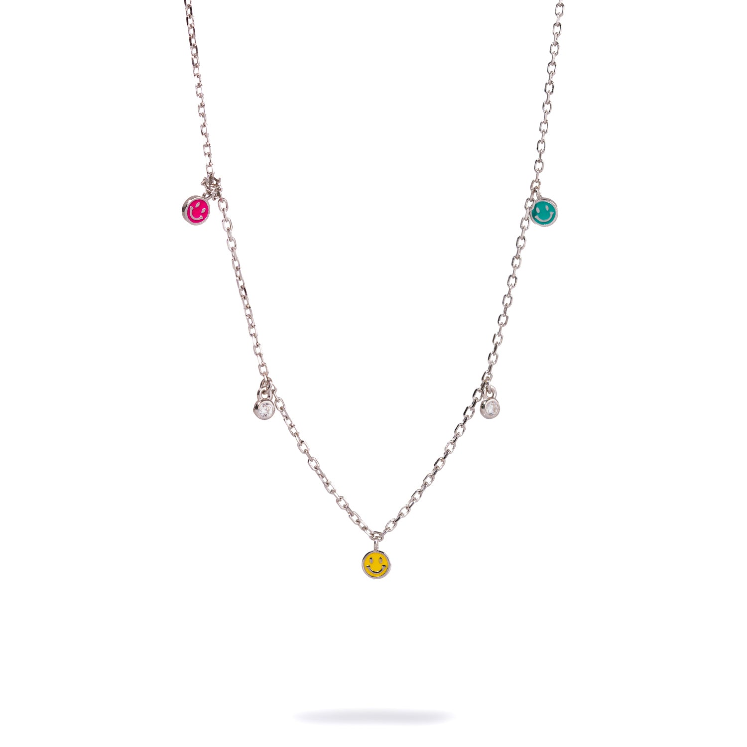 Silver Necklace with Multicolor Smiley Face Charms and Diamonds for a Fun, Stylish Look
