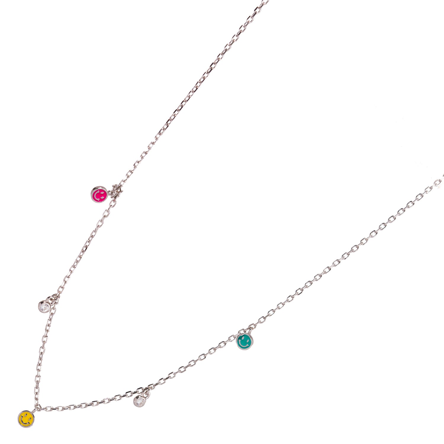 Silver Necklace with Smiley Face Charms and Diamonds for a Bright and Playful Fashion Statement