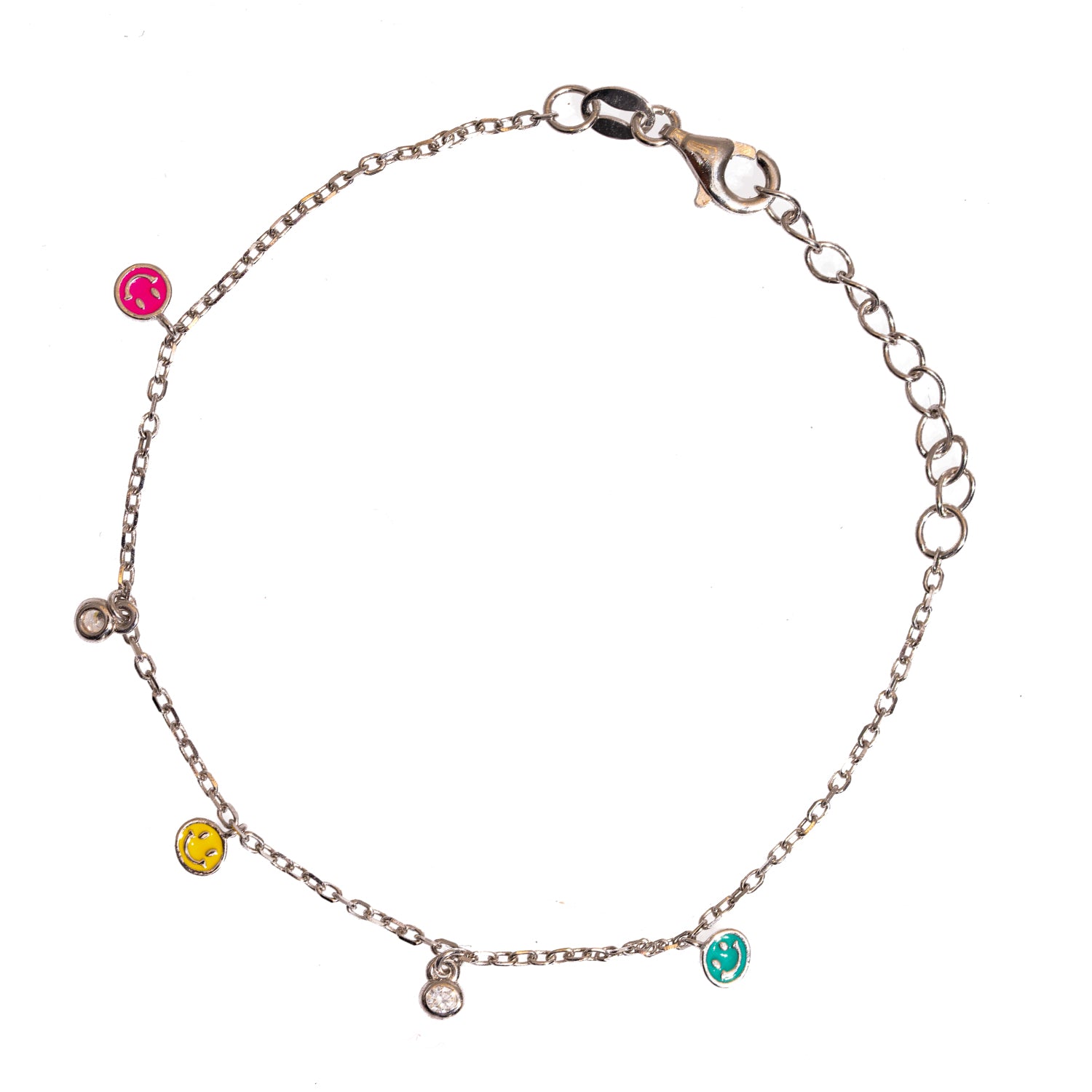 Dainty Sterling Silver Bracelet with Rainbow Smiley Faces and Diamonds for an Uplifting Accessory