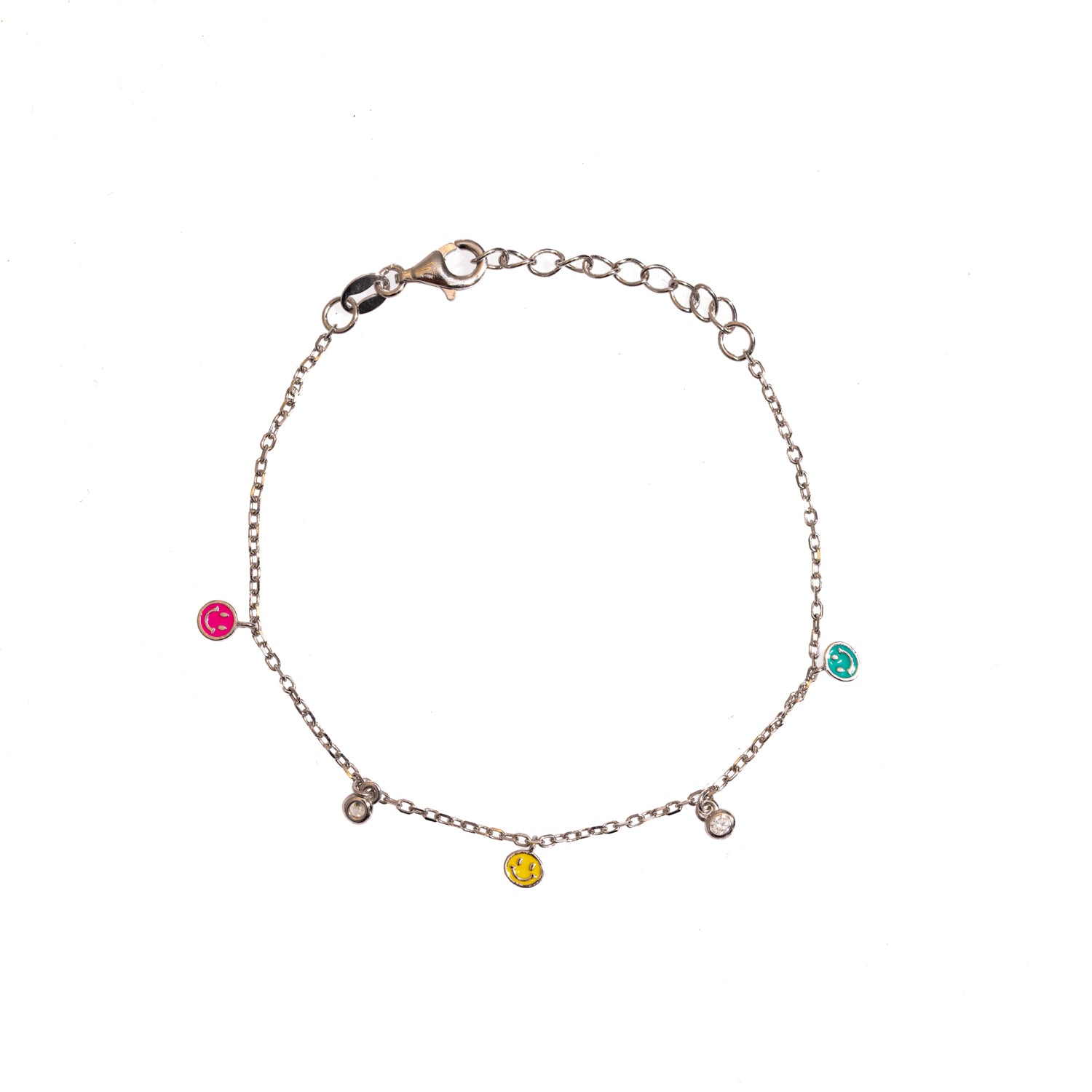925 Sterling Silver Bracelet with Colorful Smiley Faces and Diamonds for an Elegant, Fun Fashion Piece