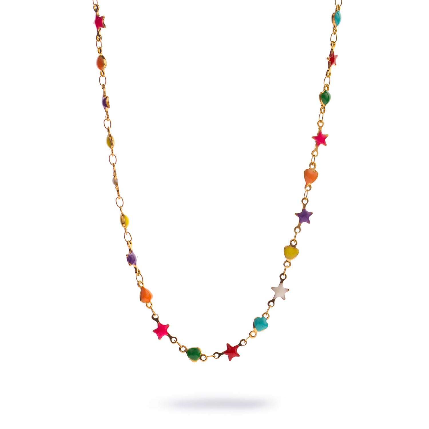 Rainbow enamel star and heart choker necklace on gold-plated chain, perfect for playful summer layering