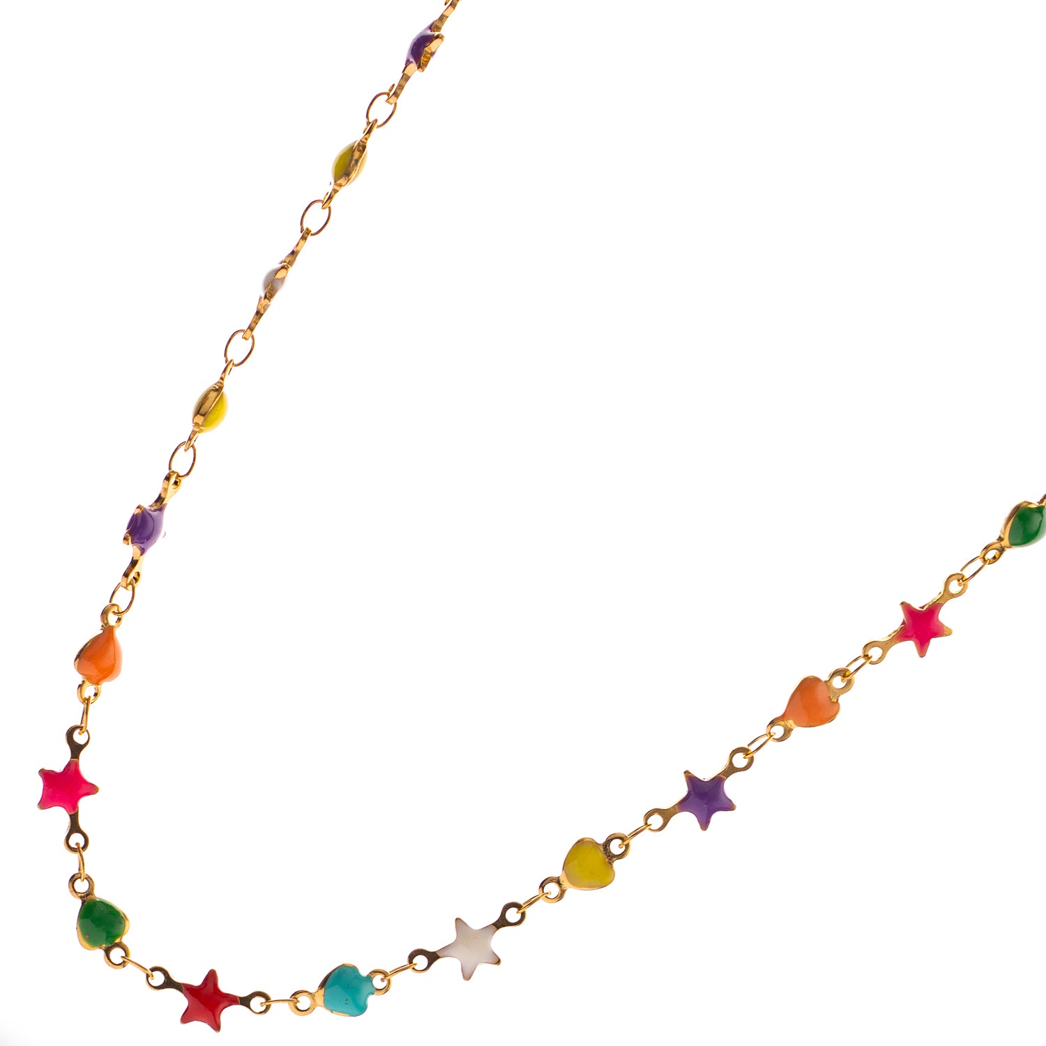 Lightweight gold choker with multicolor stars and hearts, designed for layering or wearing solo