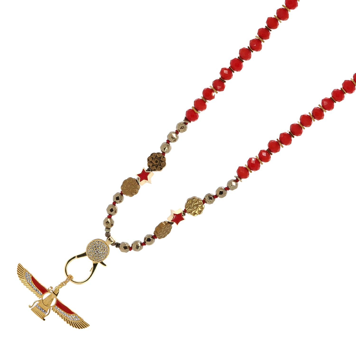 Faravahar Angel Spiritual Necklace with Red Crystal Beads and 18K Gold-Plated Pendant for Divine Energy
