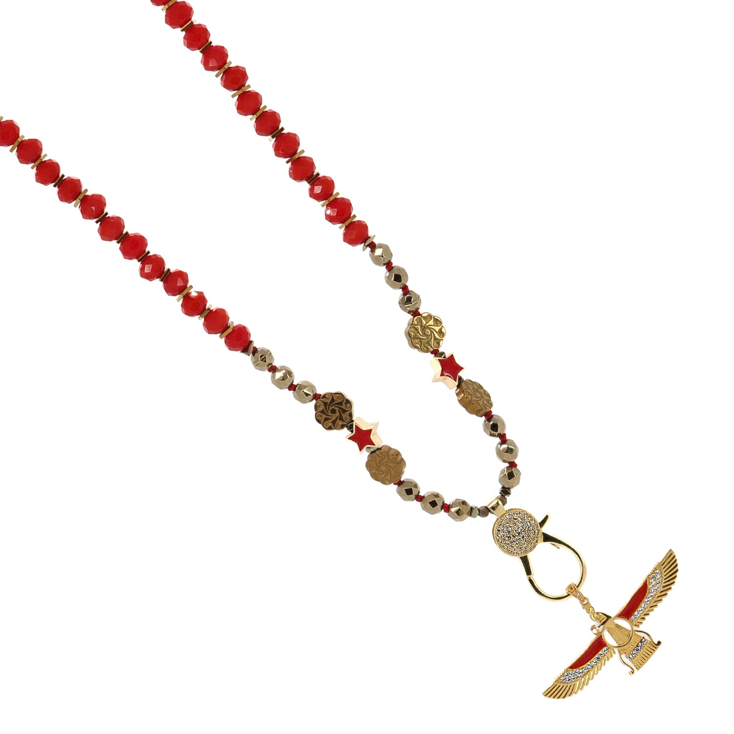 Empowering Red Energy Necklace with Gold Hematite Spacers, Faravahar Angel Pendant, and Red Enamel for Spirituality