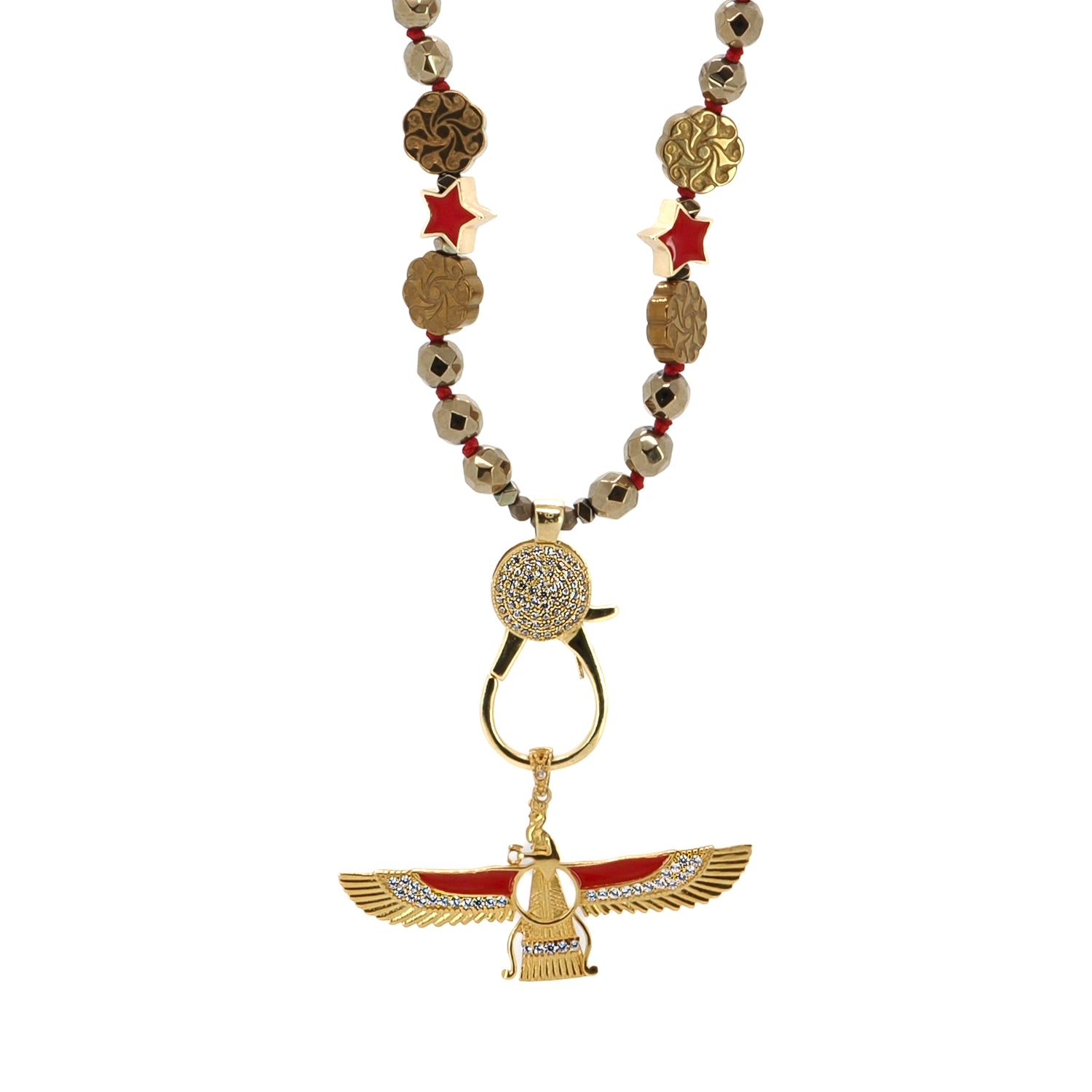 Spiritual Red Energy Necklace with Gold Hematite Stones and Red Faravahar Angel Pendant with Zircon Stones
