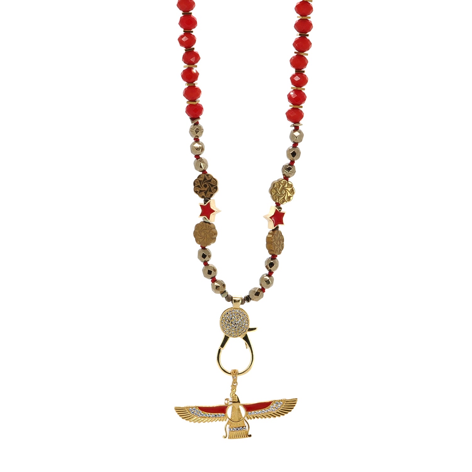 Handmade Red Energy Faravahar Necklace with Gold Hematite Stones and Red Crystal Beads for Spiritual Growth