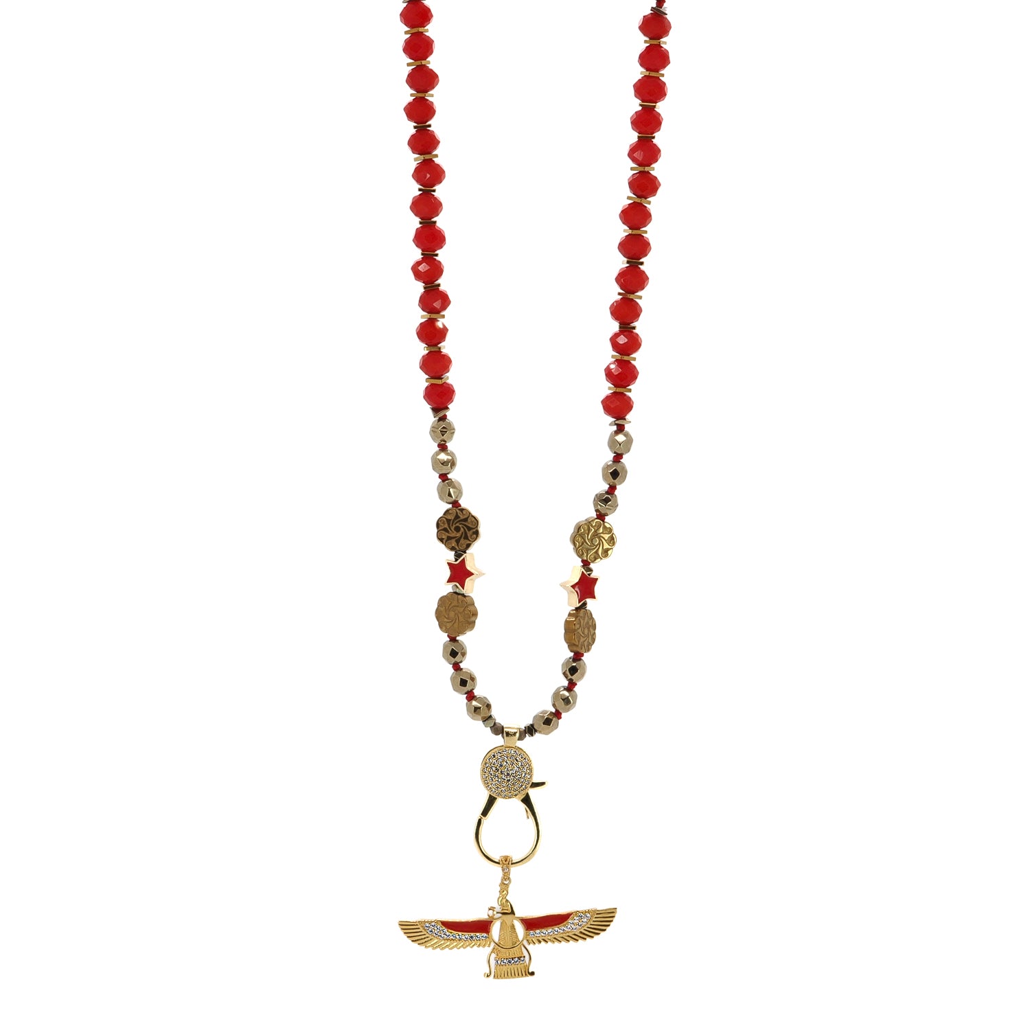 Vivid Red Crystal Necklace with Gold Hematite Beads and 18K Gold Faravahar Pendant for Protection and Growth