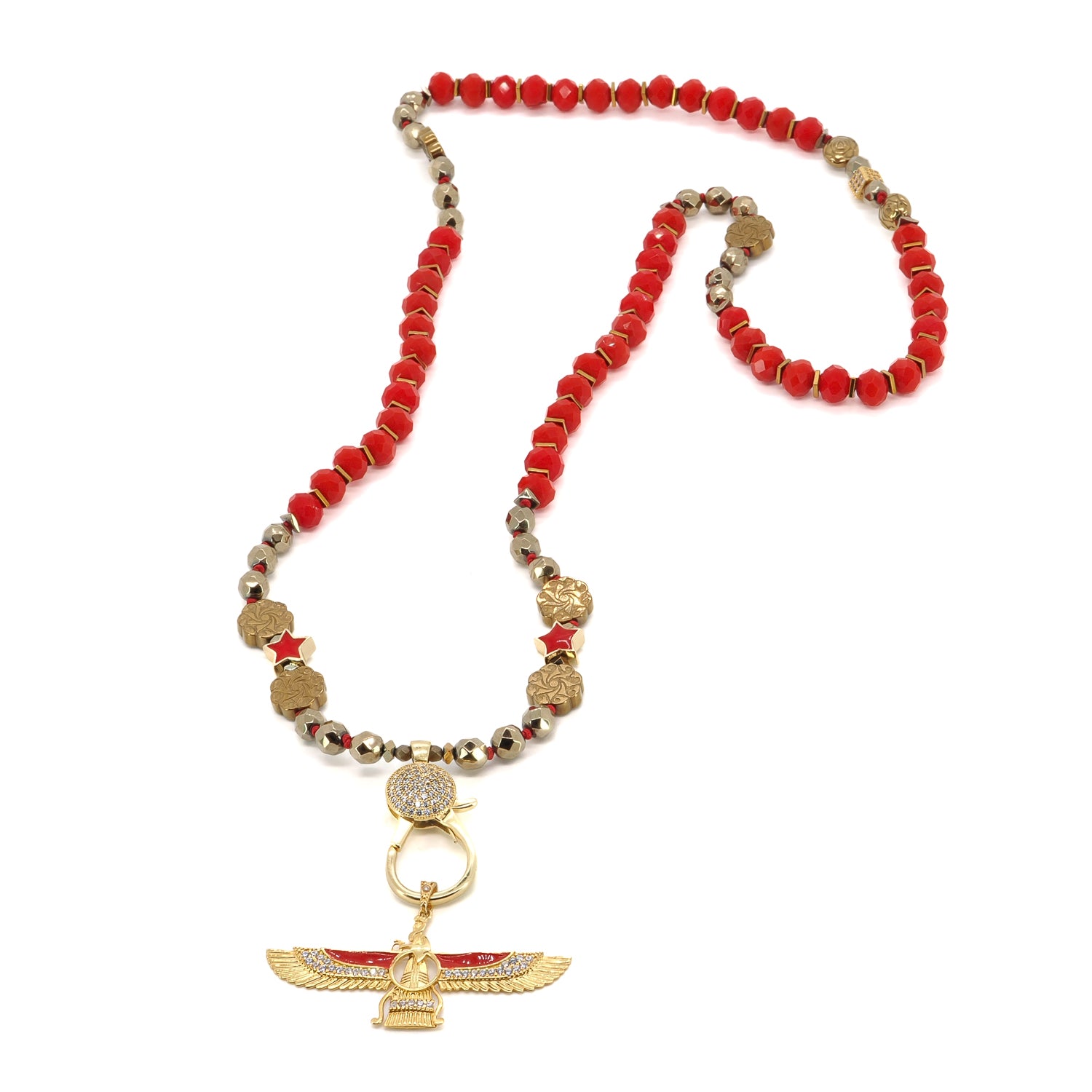 18K Gold-Plated Faravahar Angel Pendant Necklace with Red Crystal Beads and Zircon Accents for Energy and Meaning
