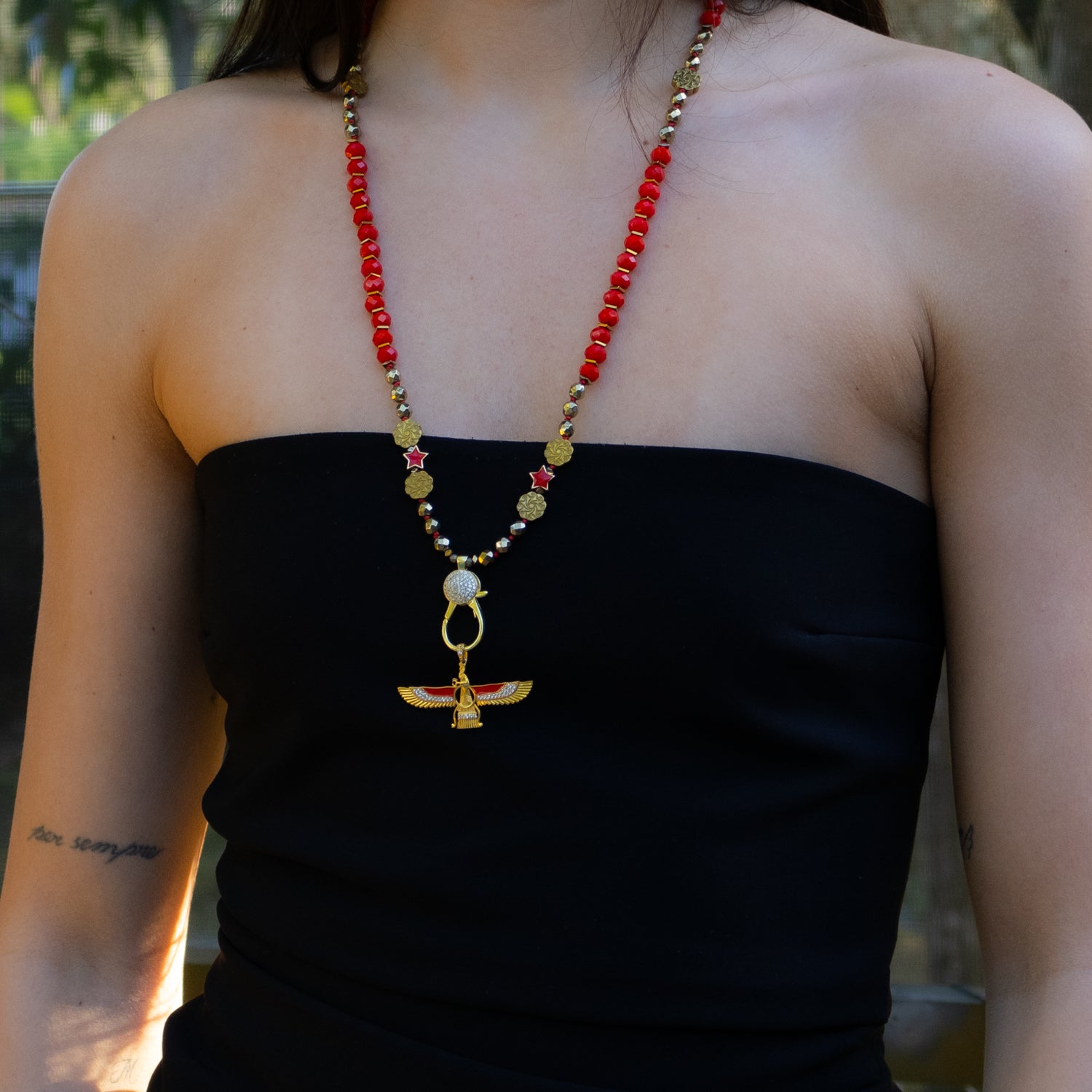 Vibrant Red Crystal Bead Necklace with Gold Hematite Spacers and Faravahar Angel Pendant for Protection