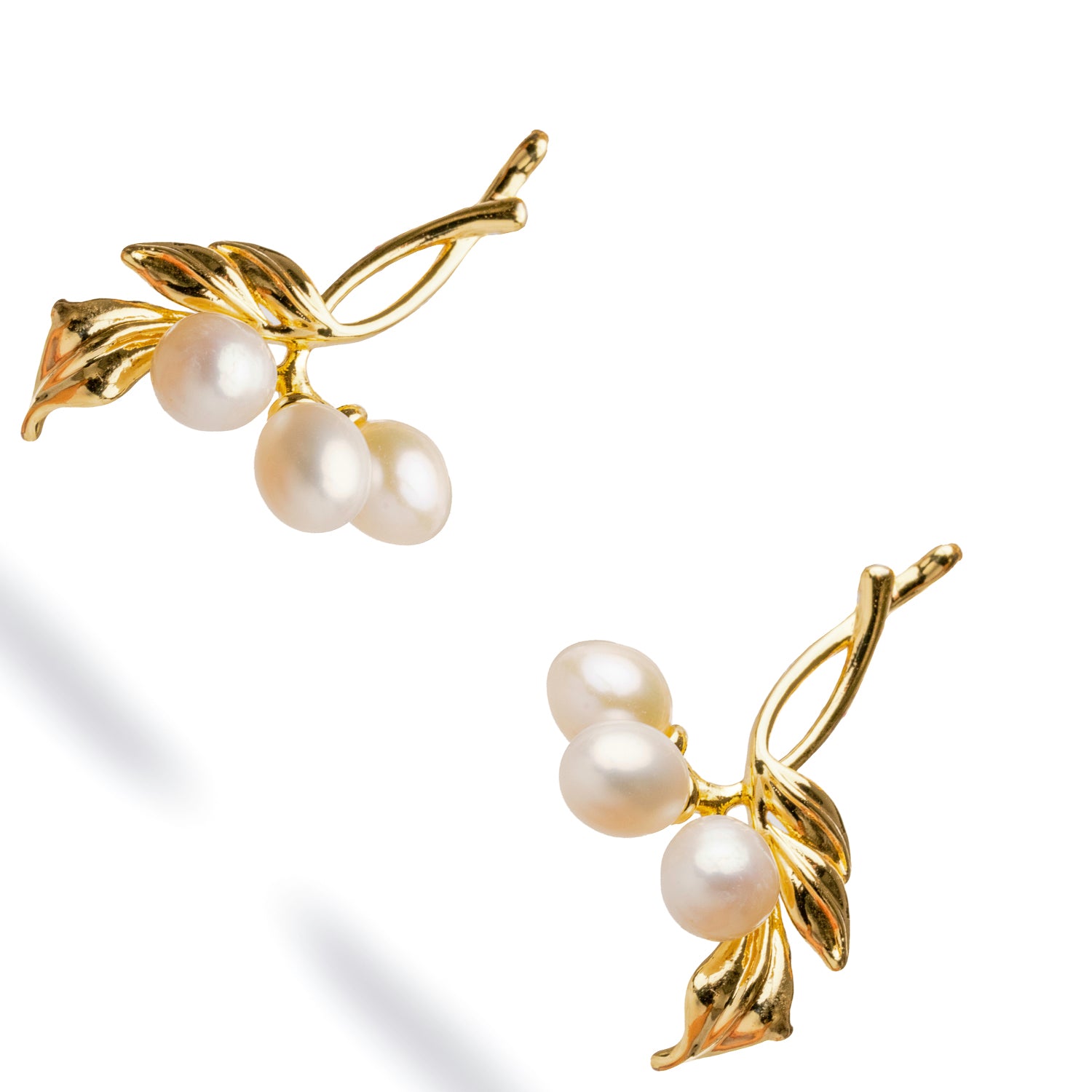 Handmade Pearl & Gold Dangle Earrings with Leafy Branch Design for Brides