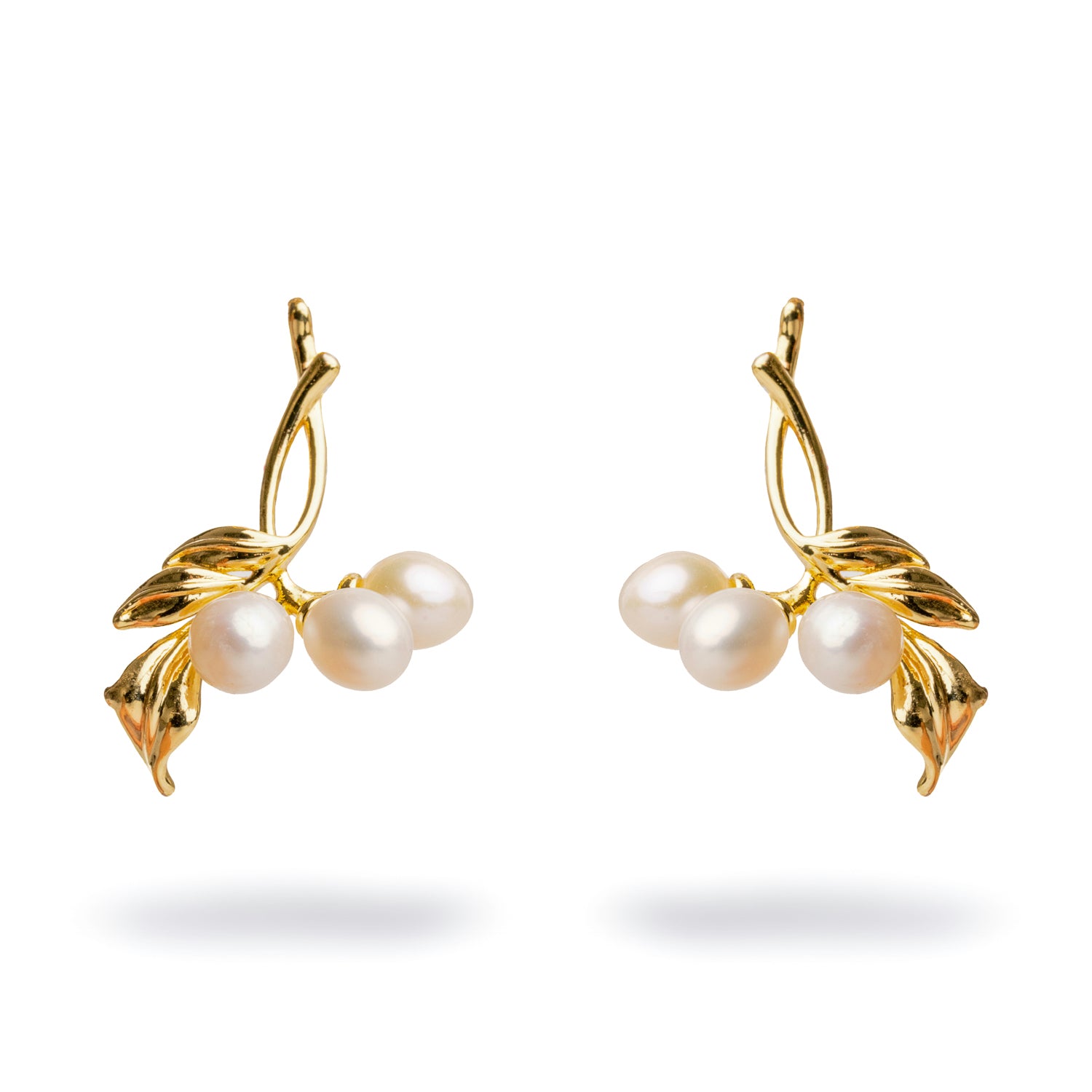Bridal Pearl & Gold Dangle Earrings with 18K Gold-Plated Leafy Branch Design