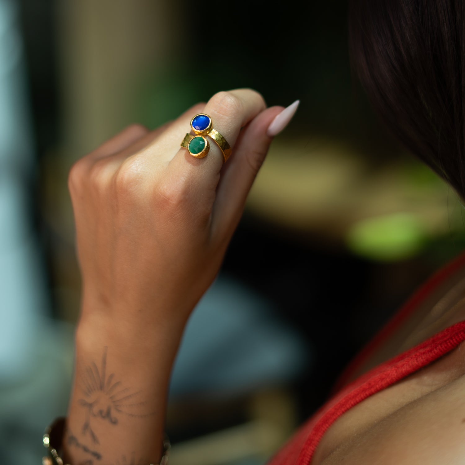 Royal Duo Emerald & Sapphire Gold Adjustable Cuff Ring